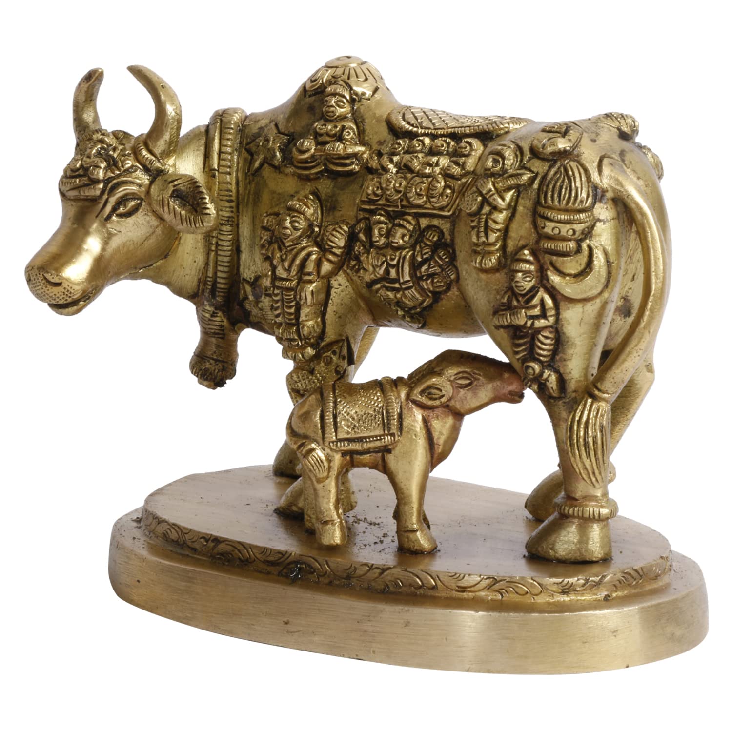 ARTVARKO Cow and Calf Statue Brass Kamdhenu Vastu Devta Carving on Gau MATA Idol, Vastu Nandi Pooja Figurine Sculpture, for Home and Office(11x7x9 cm)