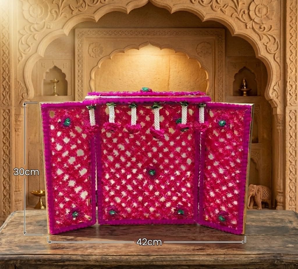 Pink Phool Bangla Decoration Solid Wood Home Temple for Laddu Gopal & Ganesh Ji 30x42 cm Decorative Mandir Backdrop