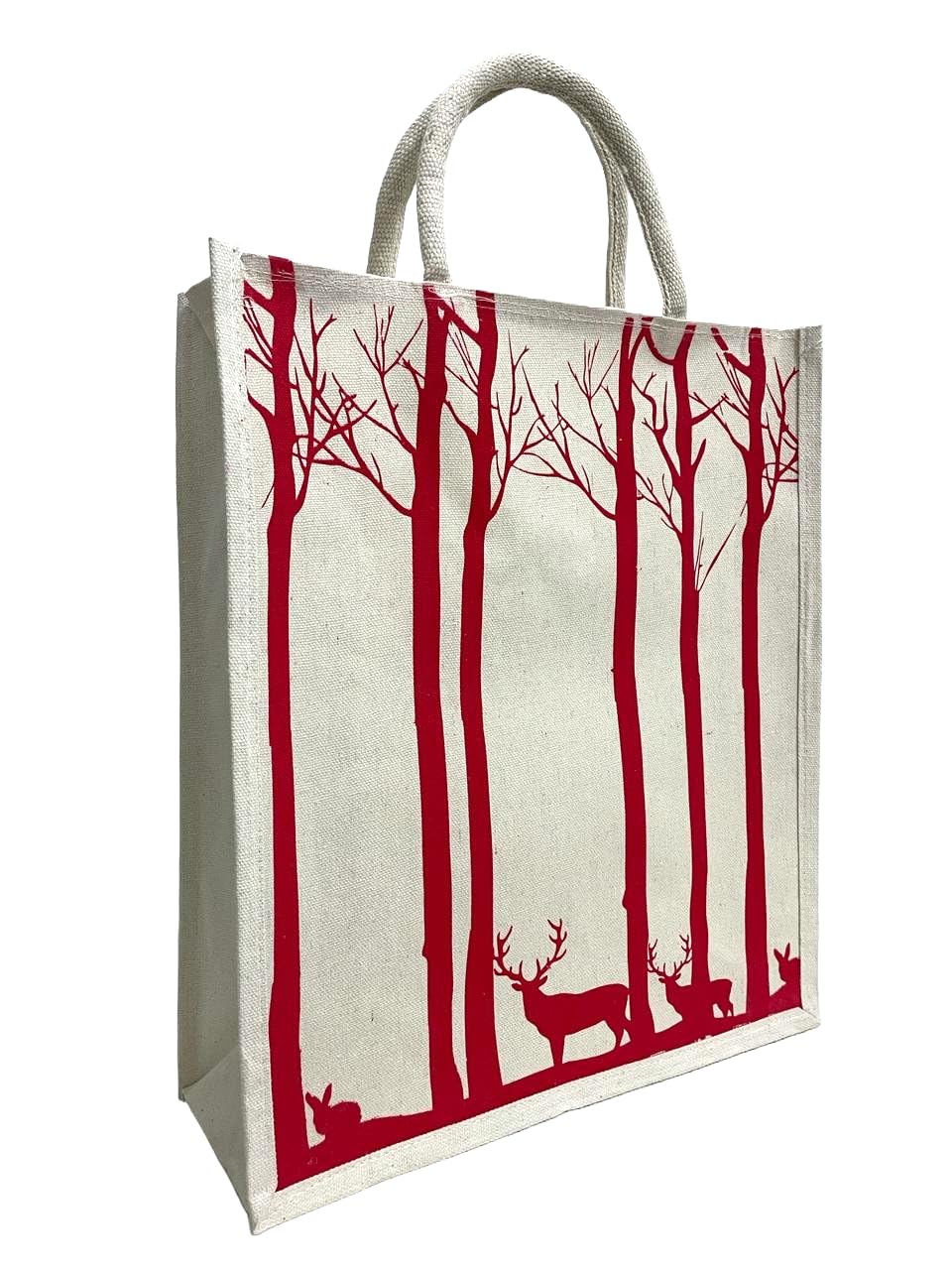 Jute Club Printed Canvas Bag|Shopping|Office|Tiffin| Multipurpose|Eco Friendly with Zipper lock|Spacious|100% Organic Cotton Tote with Lamination-14 X16 X5 (5Pc, Red Deer)