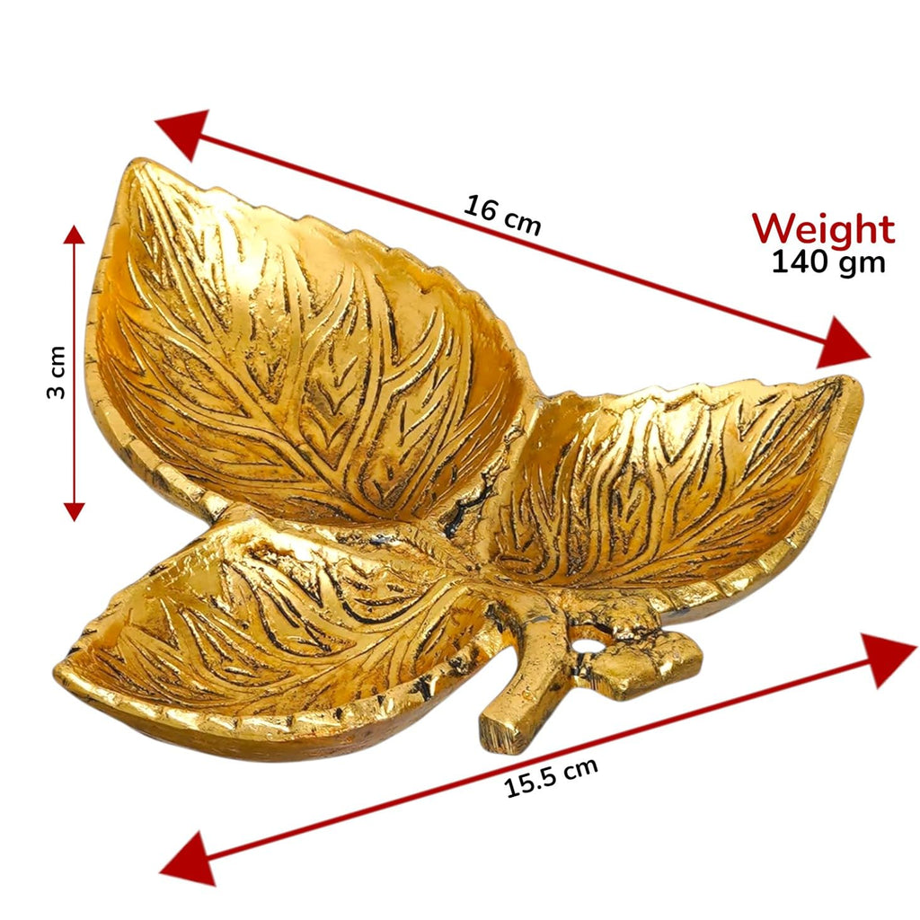 KridayKraft Hand Crafted Metal 3 Part Leaf Shape Tray Perfect for Home Centre Table Serving Dry Fruits (Golden, Pack of 1)