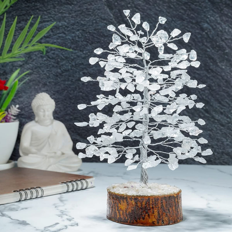 Hindcraft Clear Quartz Crystal Tree Home Decor Showpieces for Good Luck Money Crystal Tree Gift Items Office Bedroom Decor Wedding Gift, Silver Wire, 10 inch