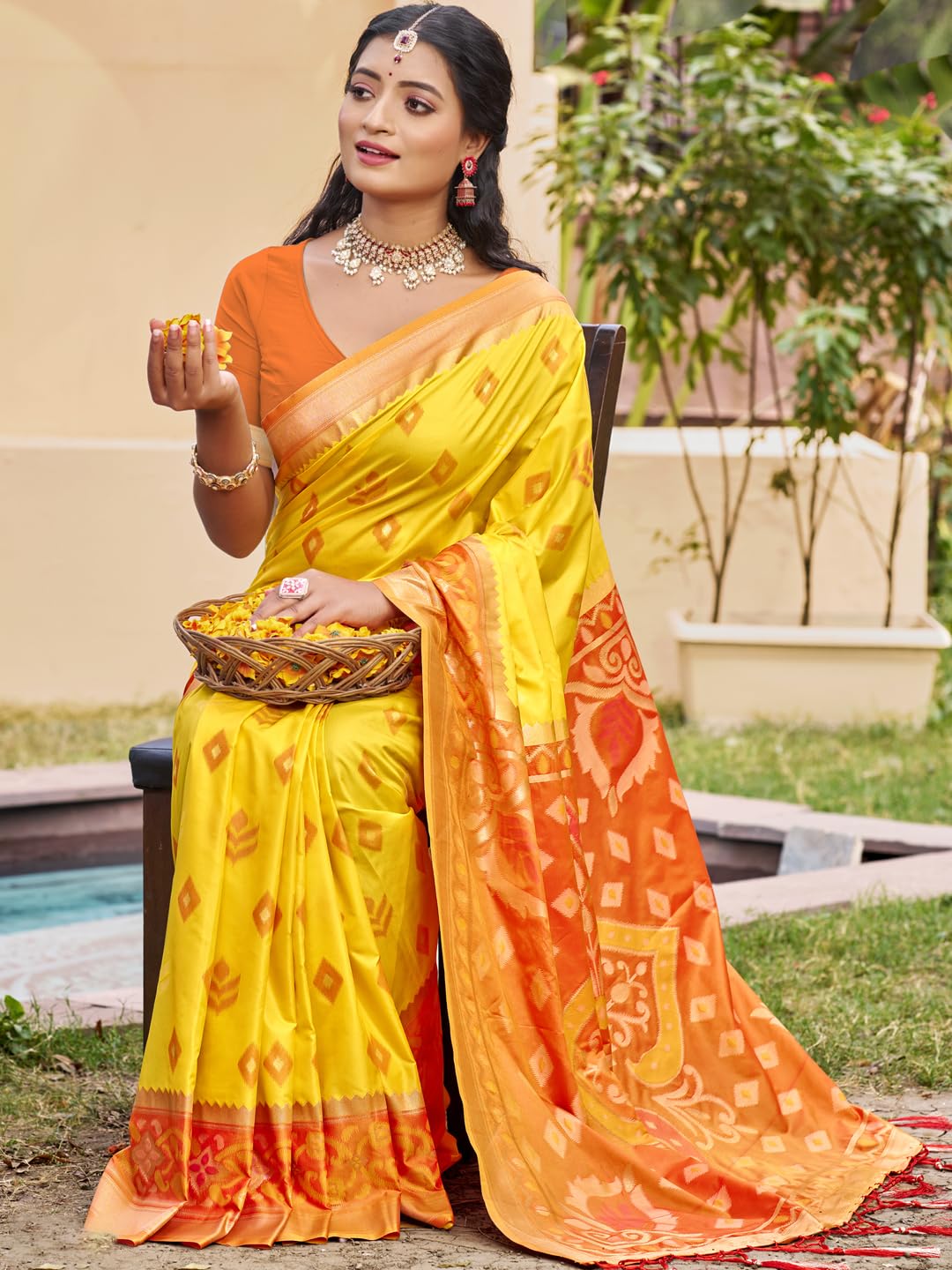 SUTRITI STYLE SOUL Pochampally Silk Saree for Women with Ikat Design, Printed Pallu, Traditional Soft Silk with Blouse Piece, Festive Wedding Ethnic Sari (Yellow)