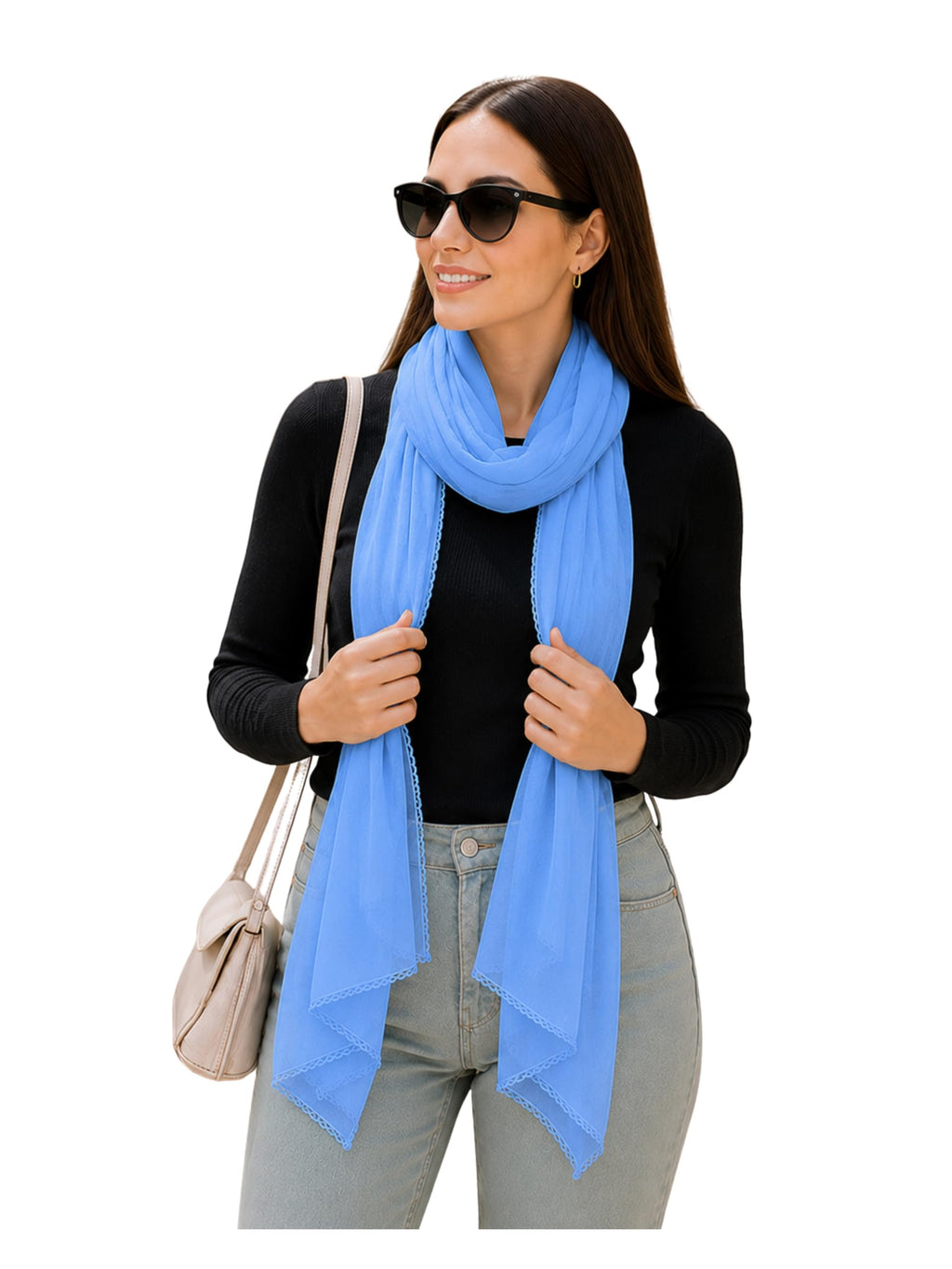 Ravaiyaa Women Solid Chiffon Scarves With Lace Border | Women Lightweight Breathable Solid Color Soft Chiffon Long Fashion Scarves Sun-proof Shawls Wrap (Light Blue)