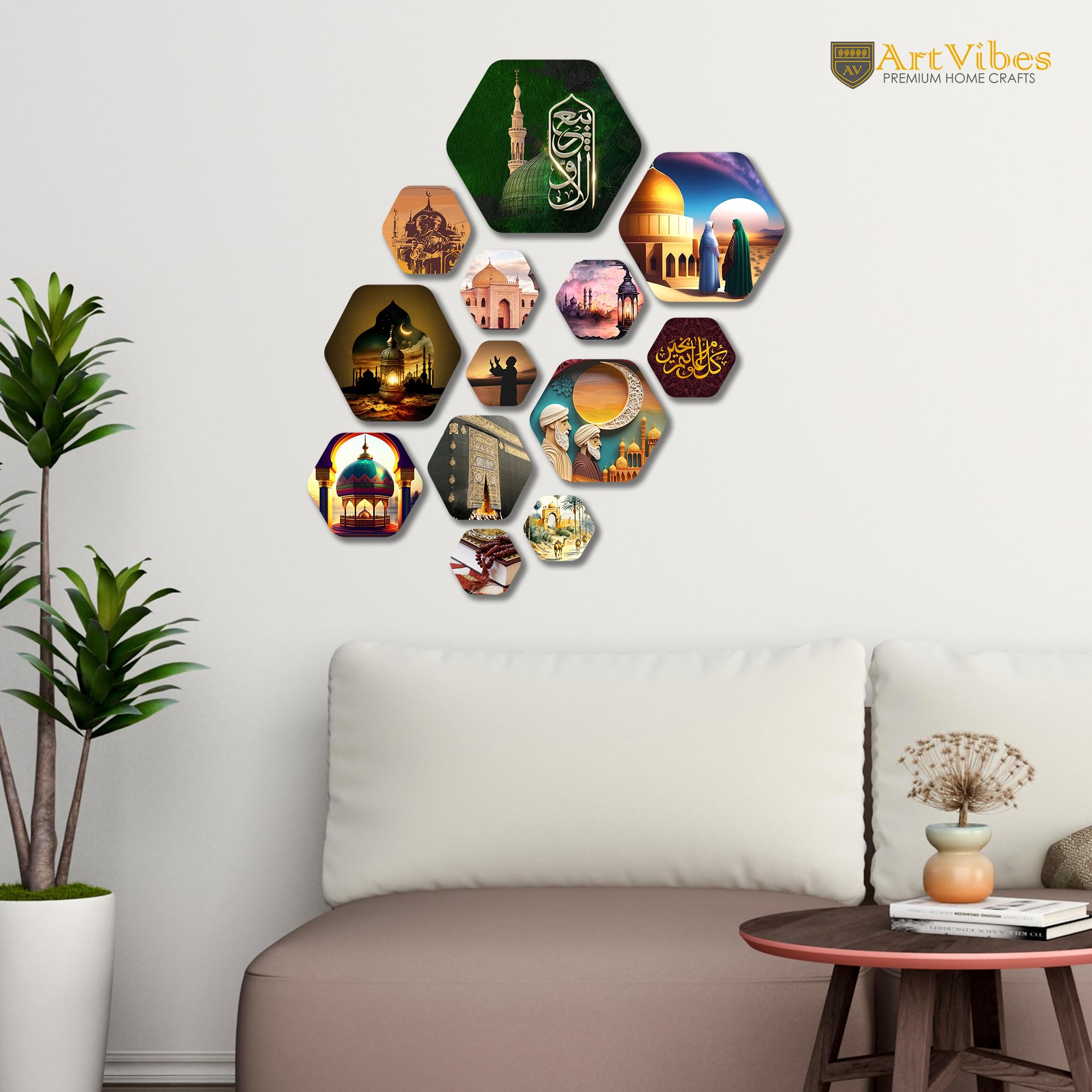 Artvibes Islamic Muslim Art Hexagon Shape MDF Wooden Wall Decor Items | Spiritual Decor Items | Islamic Decoration | Wall Illustrations| Stylish Modern Decor Item | Gift Items (WPS_202N), Set of 13
