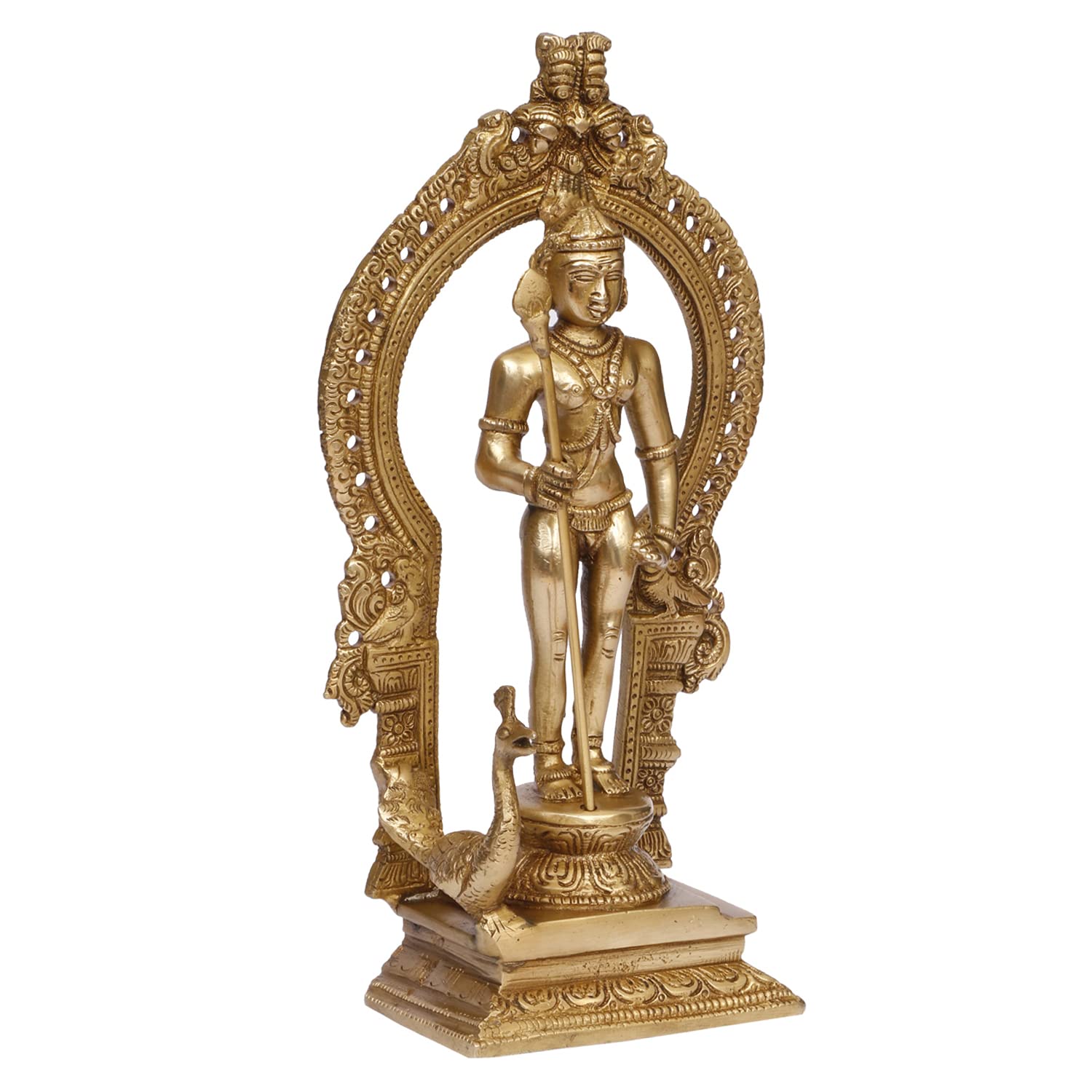 ARTVARKO Brass Lord Murugan Kartikeya Murugana Kumaraswamy Karthikeya Standing Idol with Peacock Swaminatha Skanda Murti Swami Ji Subrahmanya Swamy Height 10 Inch