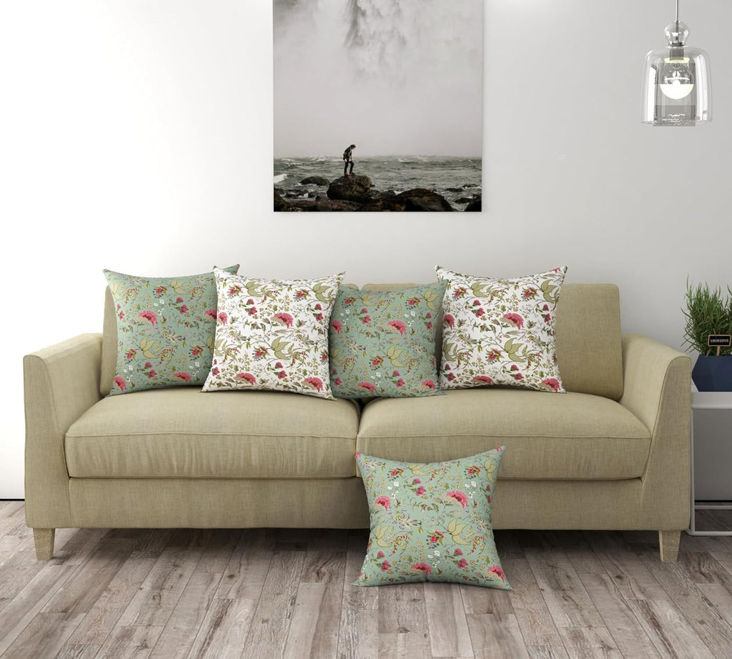 Trance Home Linen Set of 5 Premium 100% Cotton 24X24 Inch Cushion Covers Only for Sofa and Diwan|Throw Pillow/24 x 24 Cushion Pillow Covers | 60Cmx60Cm, Calicut Green White Set of 5,180 TC