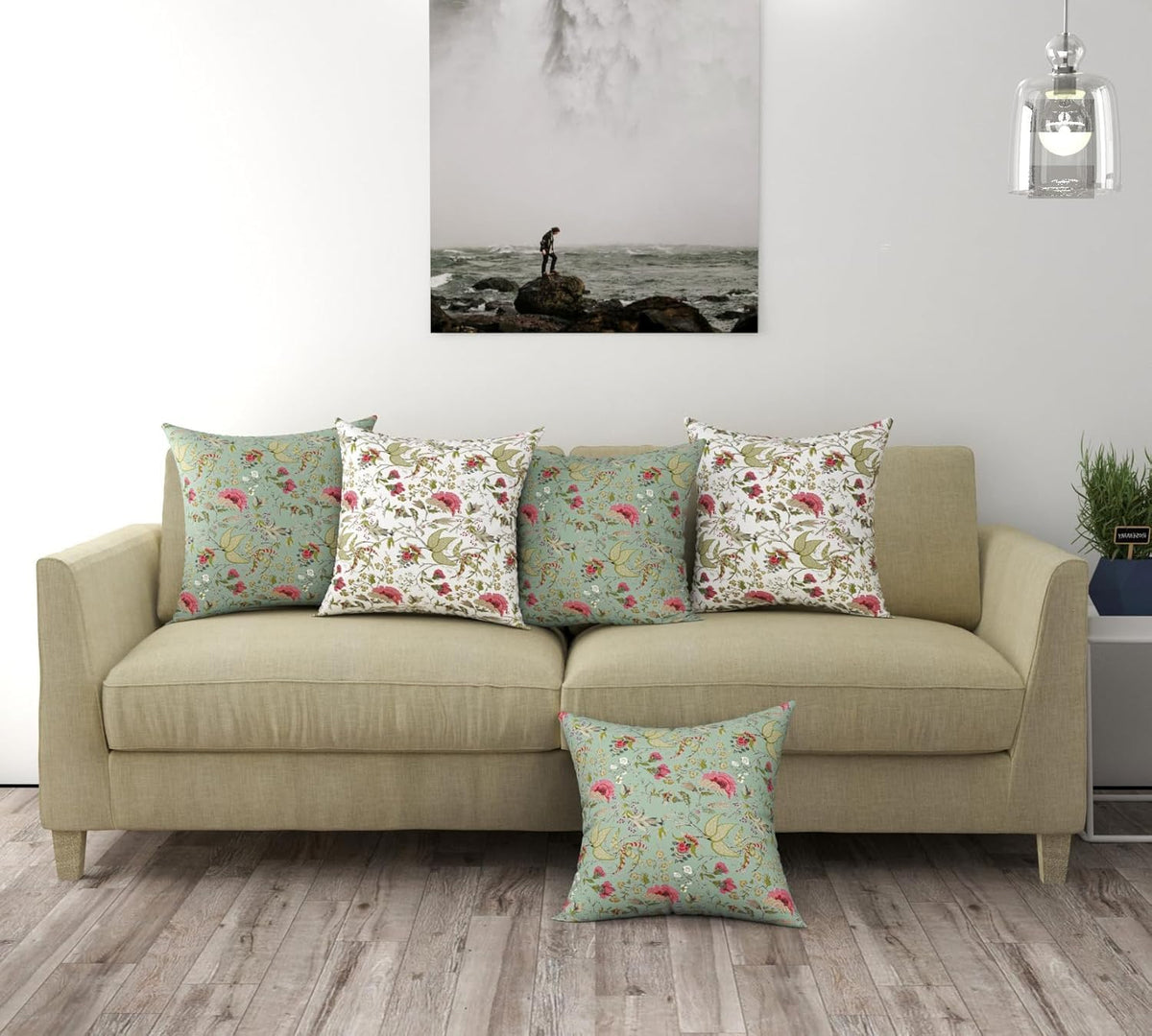 Trance Home Linen Set of 5 Premium 100% Cotton 24X24 Inch Cushion Covers Only for Sofa and Diwan|Throw Pillow/24 x 24 Cushion Pillow Covers | 60Cmx60Cm, Calicut Green White Set of 5,180 TC