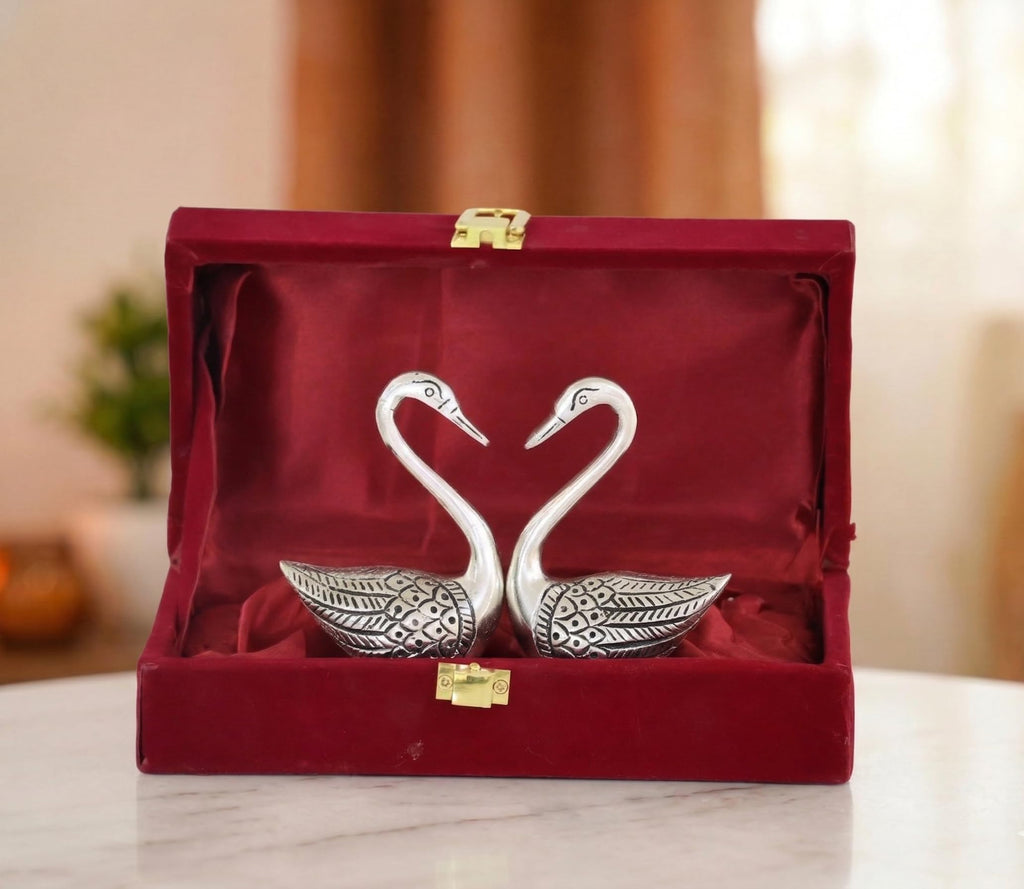 KridayKraft Handcrafted Silver Finish Metal Swan Pair in Premium Red Velvet Gift Box | Decorative Love Birds Showpiece for Anniversary, Wedding, Birthday, and Valentine's Day.
