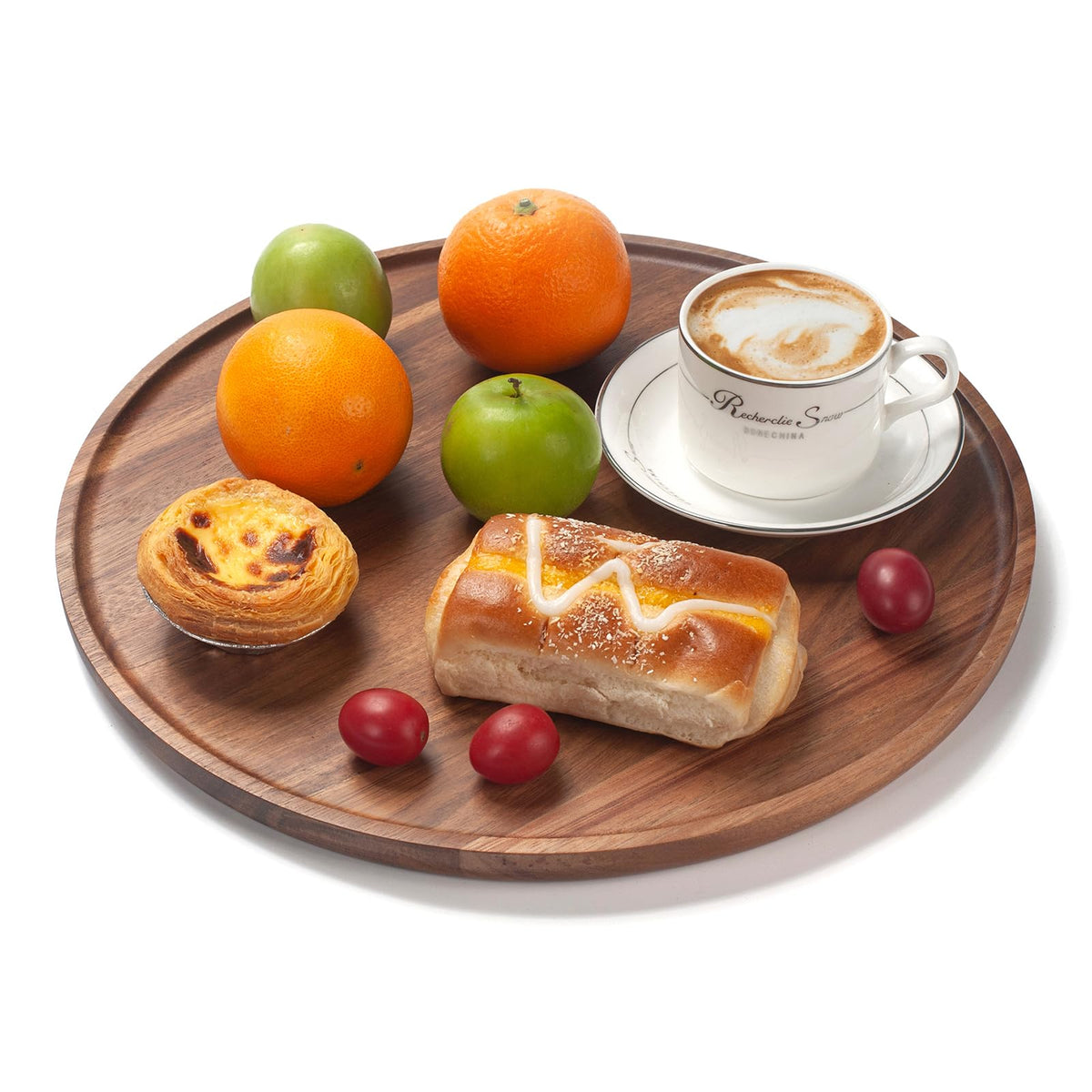 Round Wood Tray, Acacia Wooden Decorative Serving Tray for Coffee Table and Home Decor, Wooden Appetizer Charcuterie Board for Kitchen Countertop (13.8 inch)