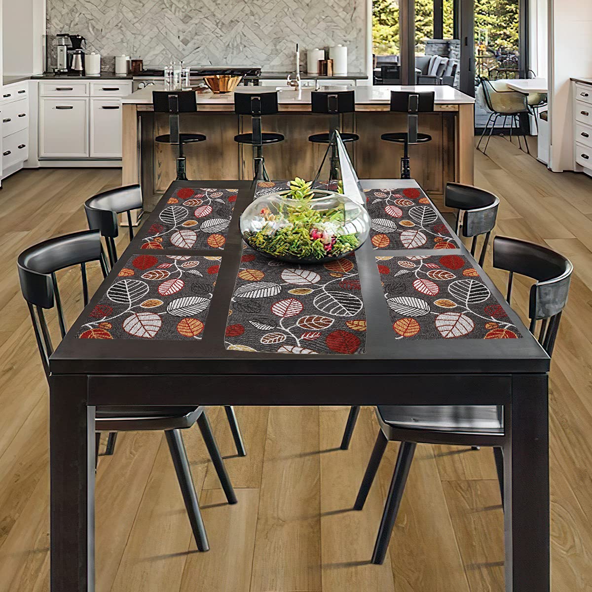 PRAKARTIK BY INDUARTS Black Leaves Eco-Friendly Cotton Dining Table Mats with Runner – Reusable, Machine Washable, Everyday Use Black Rectangular Placemats, Set of 4+135 cm Runner Kafalo