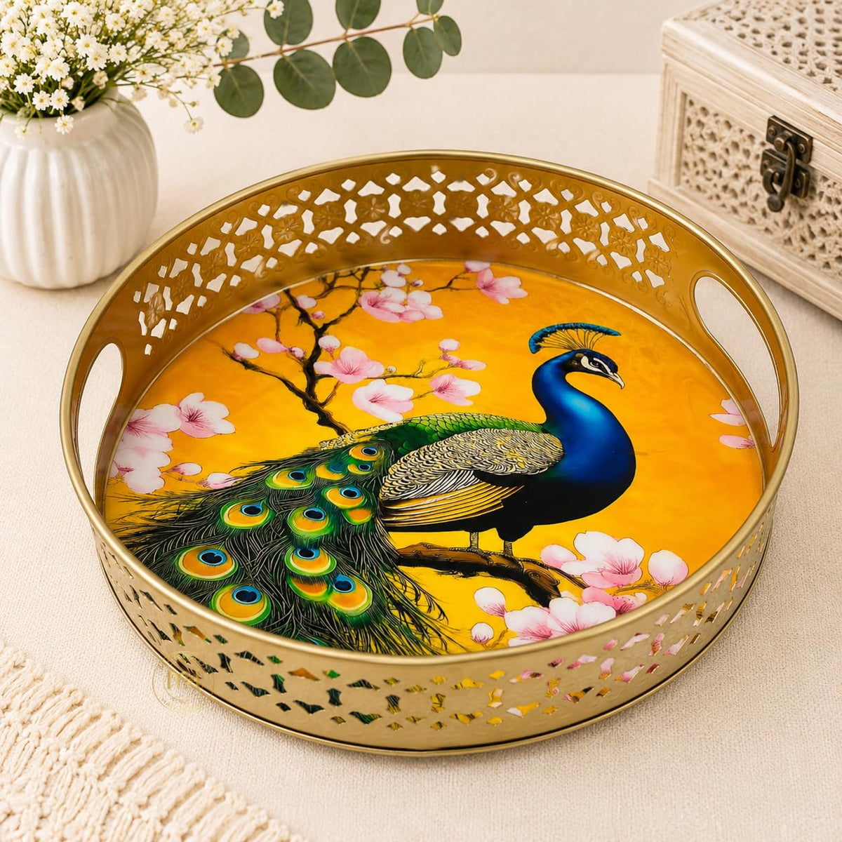 COOPTIC Handcrafted Pichwai Serving Tray for Serving and Storage | Traditional Decorative Basket with Peacock Artwork for Home Décor, Festive and Wedding Gifting (8 Inch)