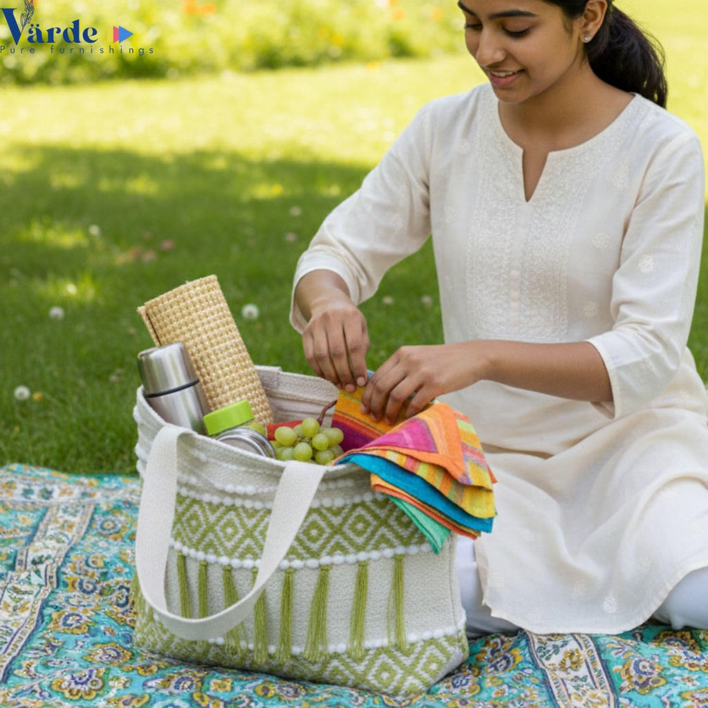 Värde Handmade Cotton Tote Bag for Women | Boho Ethnic Embroidered Shoulder Bag | Green & White Patterned Casual Handbag | Eco-Friendly Lightweight Daily Use Tote Bag for Shopping, Travel & Office