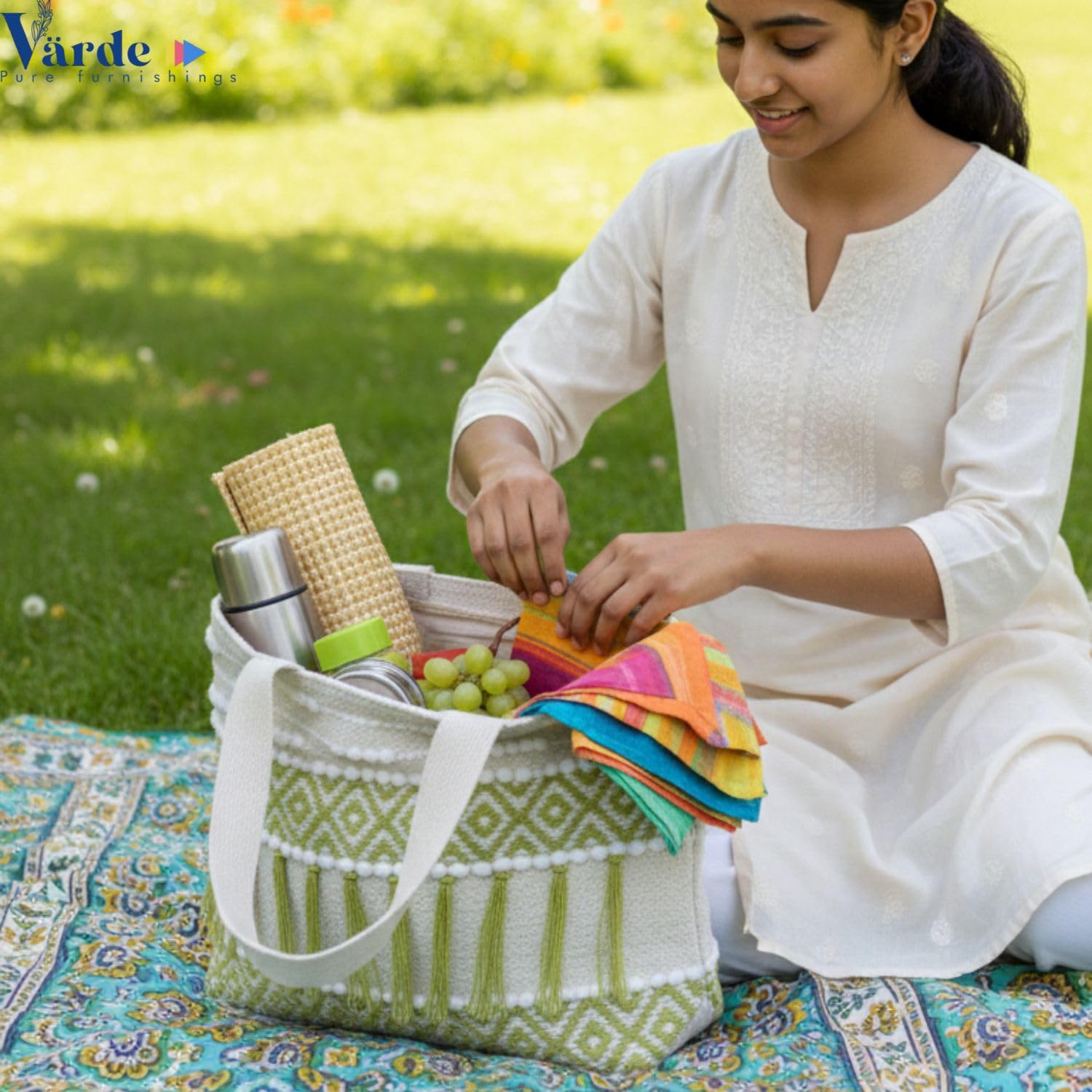 Värde Handmade Cotton Tote Bag for Women | Boho Ethnic Embroidered Shoulder Bag | Green & White Patterned Casual Handbag | Eco-Friendly Lightweight Daily Use Tote Bag for Shopping, Travel & Office