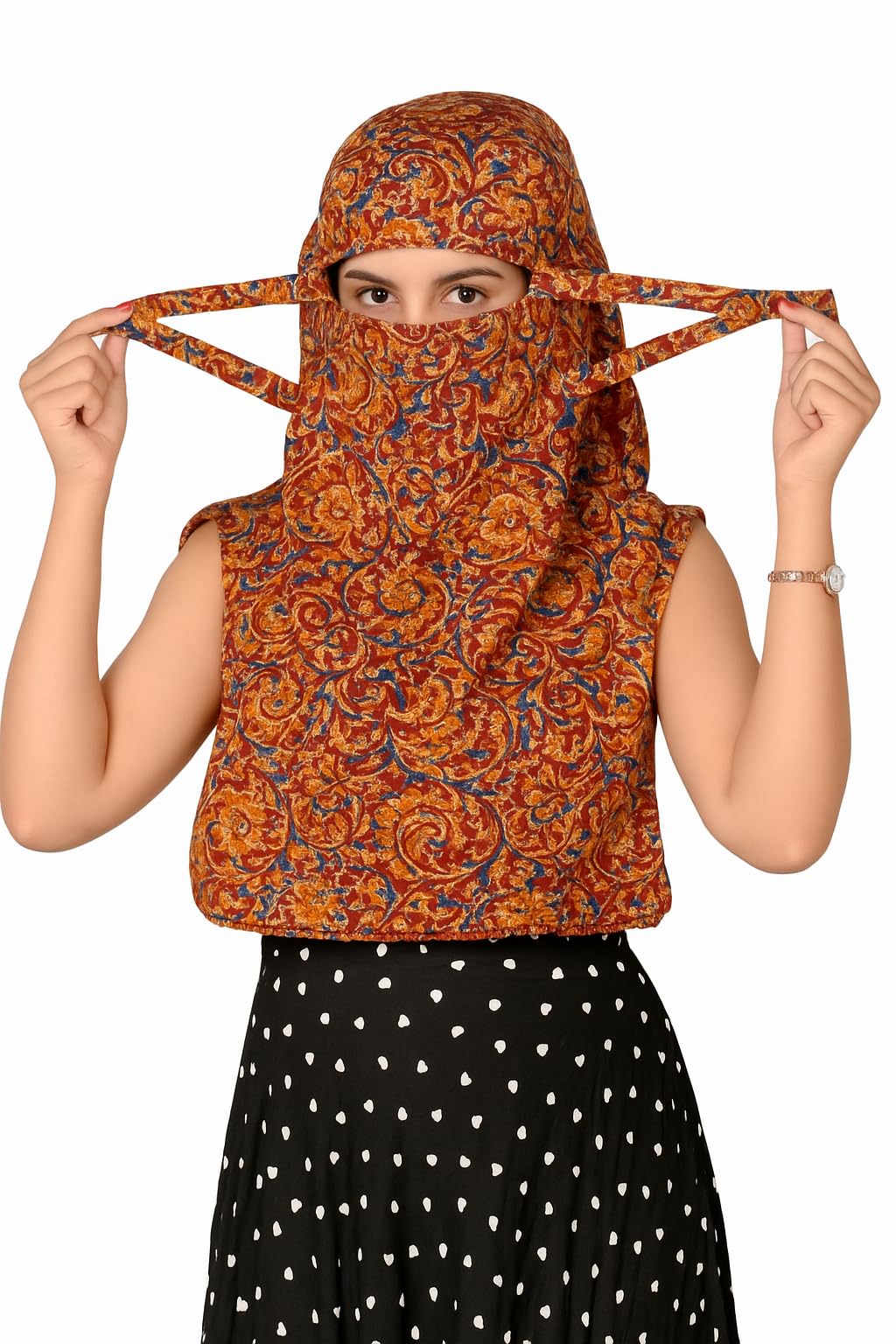 DEEPNYRA - LIVING STYLE Scarf Face Full Covering With Mask Head Hair Wrap Sun Protection For Women Cotton Printed Square All Season Wear (MARRON NEW KALAM)