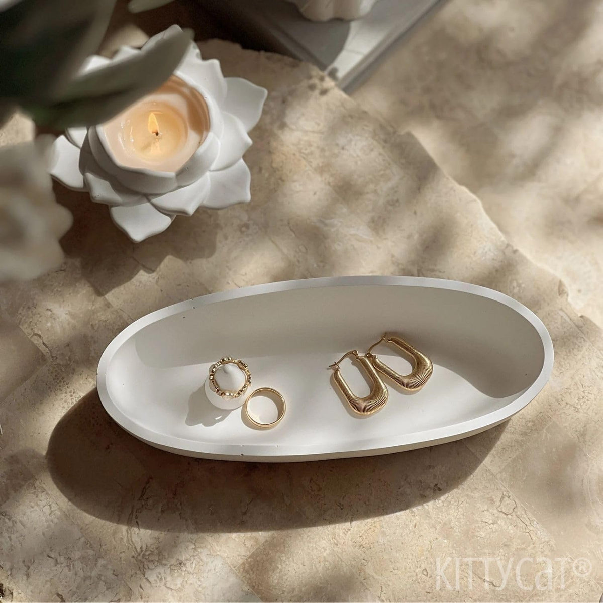 Kitty Cat® Concrete Jewelry Tray Trinket Dish – White Decorative Oval Tray, Perfume & Key Organizer, Modern Vanity Storage for Jewelry, Aesthetic Candle Holder, Home Decor (Boat)