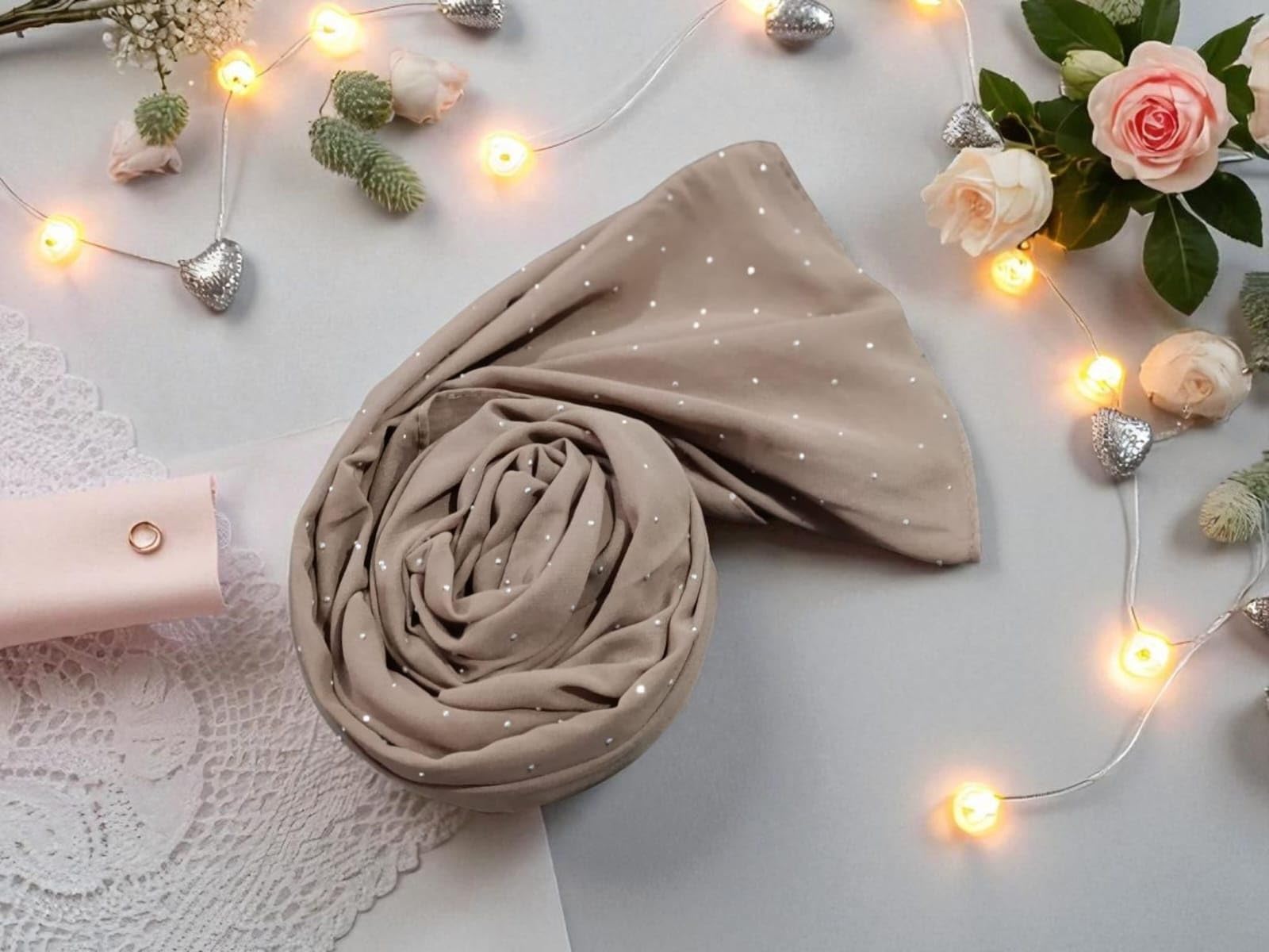Premium Rhinestone Hijab | Korean Georgette | 70 x 30 Inch | Sparkle Scarf for Women | Soft & Lightweight Fabric (NUDDISH)
