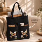 Suryatra Folk Art Mosaic Canvas Tote Bag for Women & Men | Premium Cotton Canvas Shoulder Bag with Dual Front Pockets | Tote Bag for Office, College, Shopping & Travel | Black | 14 x 16 Inches