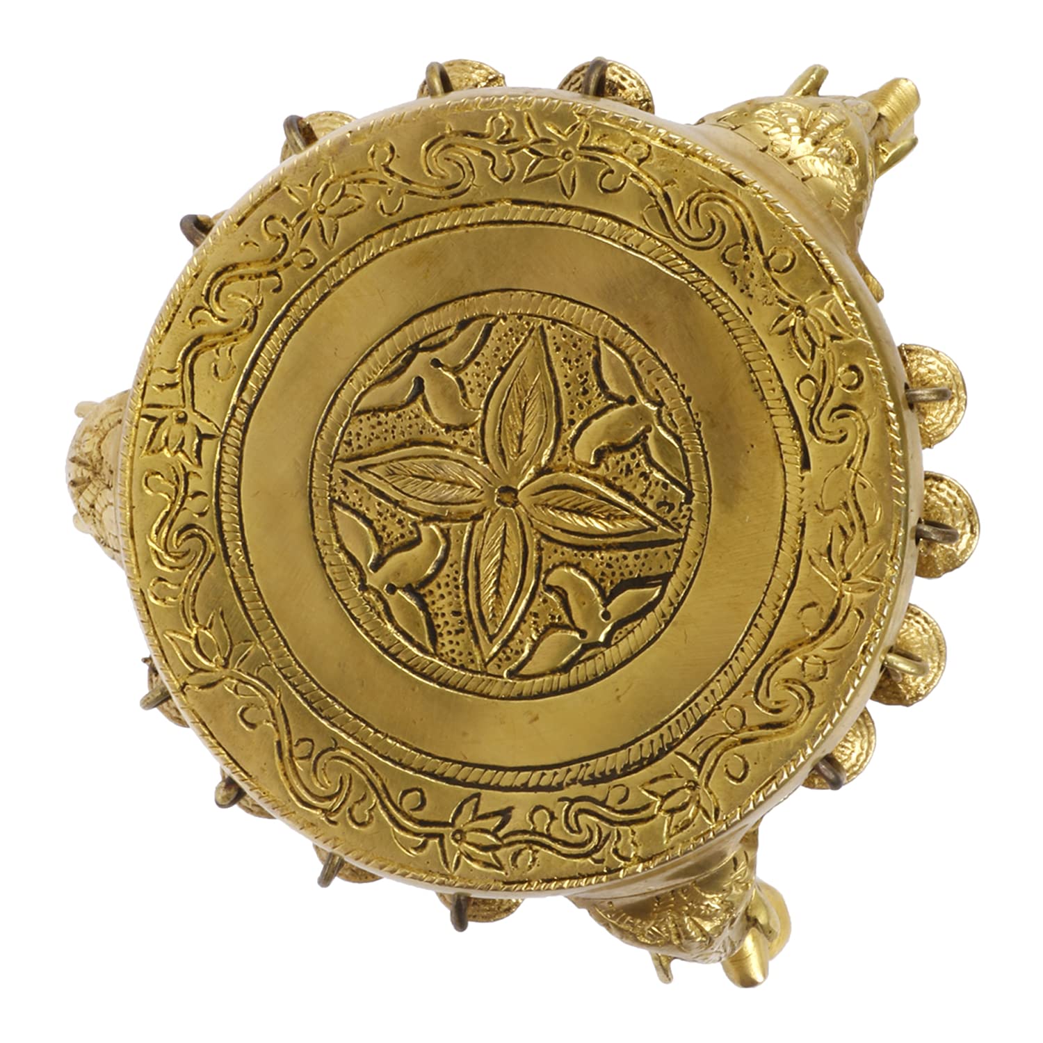 Artvarko Elephant Pillars Design Pooja Brass Chowki Round Table with Hanging Bells 5 Inch