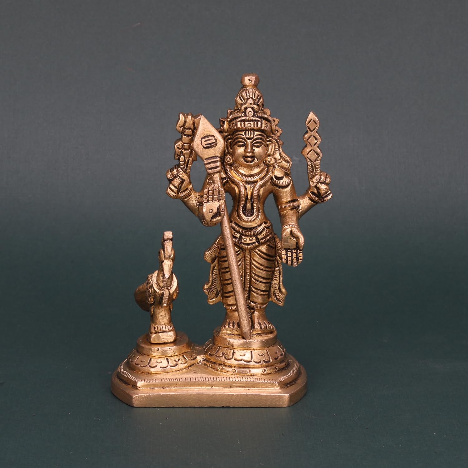 ARTVARKO Lord Murugan Kartikeya Murugana Kumaraswamy Karthikeya with Peacock Brass Idol Swaminatha Skanda Swami Ji murti 5 Inch