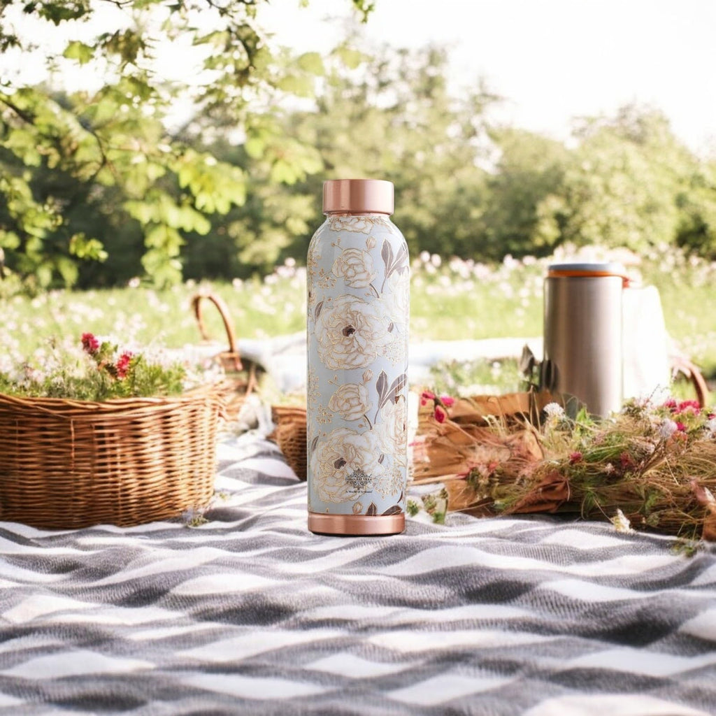 INDIAN ART VILLA Copper Bottle 900 ML with Gold Flower Print Design, Ayurveda Health Benefits, Copper Drinkware for Home, Office & Travel