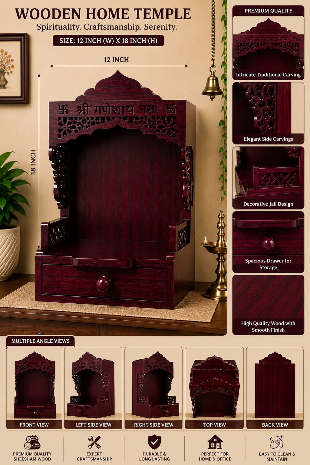 Wooden Pooja Mandir with Drawer, Shri Ganeshay Namah Carved Size 18x12