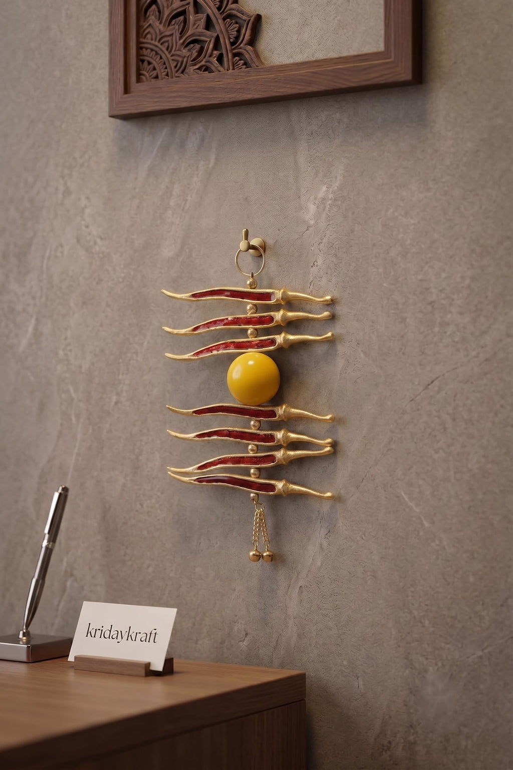 KridayKraft Metal Nimbu Mirchi Good Luck Hanging - Gold Plated Multicolour Lemon and Chili Decorative Showpiece for Entrance, Vastu, and Nazar Battu.