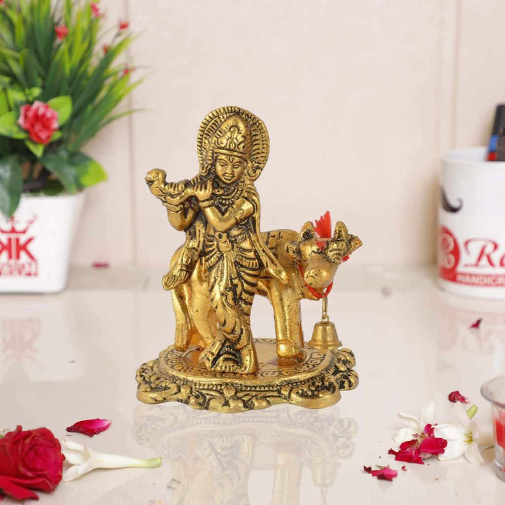 Prince Home Decor & Gifts Metal Kamdhenu Cow with Krishna Statue for Home Decor/vastu Showpiece (Gold)