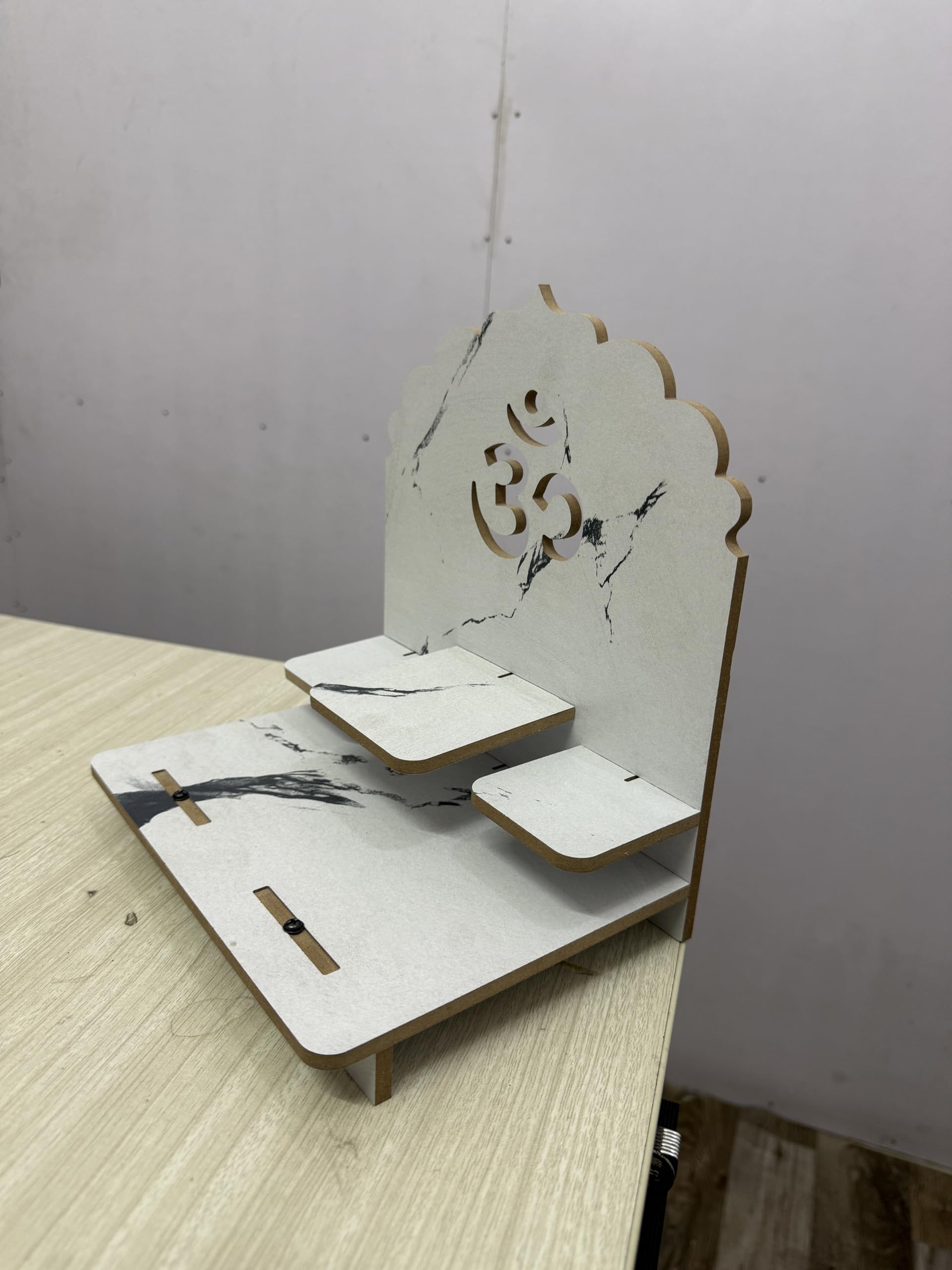 EXPRO Wooden Pooja Stand for Home & Office | Engineered Wood Singhasan for Idols | Wall Mounted & Tabletop Pooja Mandir with OM Design | DIY Small Temple for Living Room & Office (White)