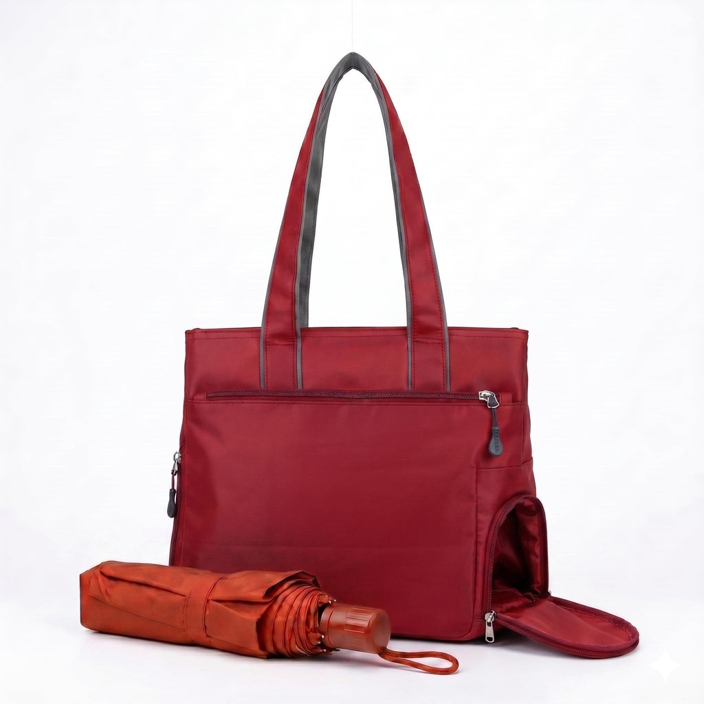 Bag-Age HB55 Tote Handbag for Girls & Women, Water Resistant Office Work Bag with Umbrella Pocket, Large Capacity Shoulder Bag for Work, Travel & Daily Use (Red)