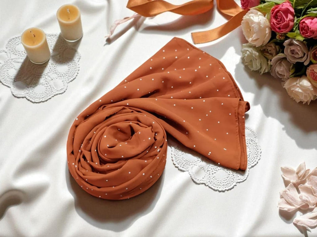 Premium Rhinestone Hijab | Korean Georgette | 70 x 30 Inch | Sparkle Scarf for Women | Soft & Lightweight Fabric (BURNT ORANGE)