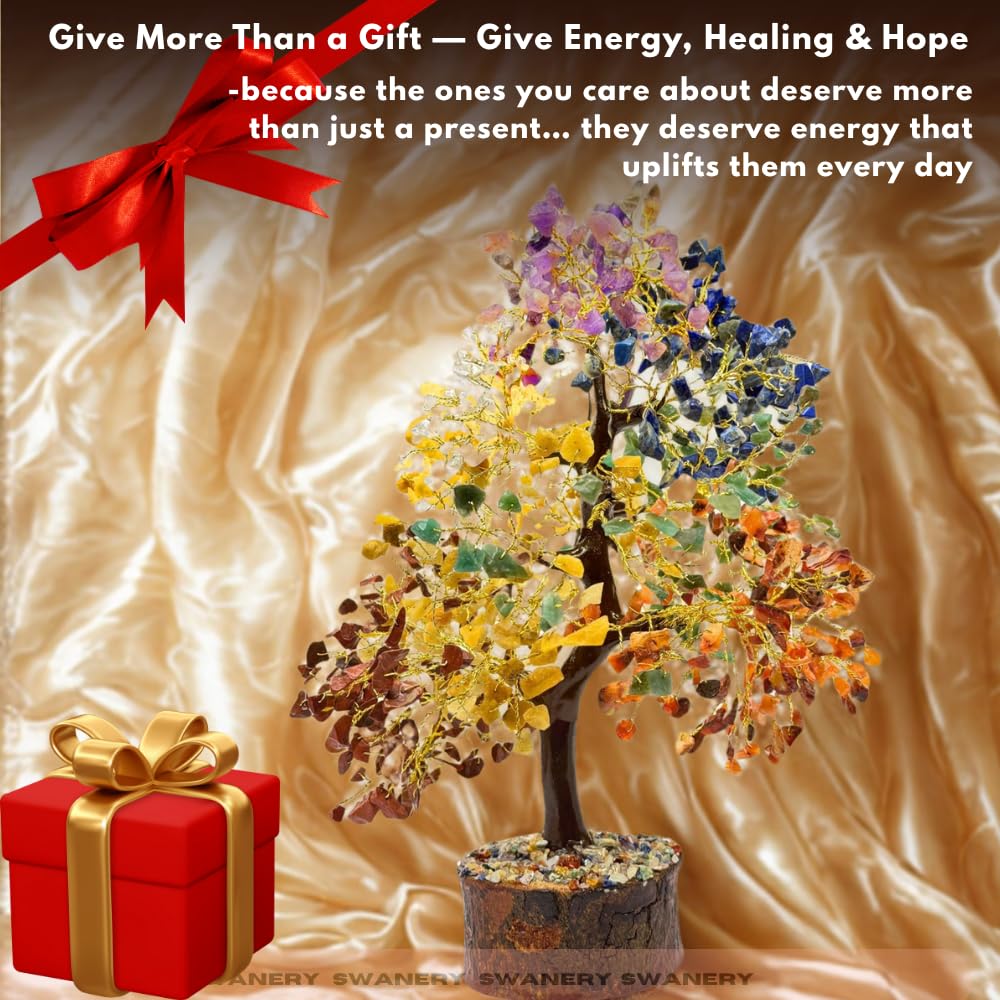 Swanery Seven Chakra Gemston Tree of Life, Positive Energy, Feng Shui Decor, Bonsai, Crystals and Healing Stones, Money Tree, Room Decor Stone, Healing Crystals (Chakra Tree)