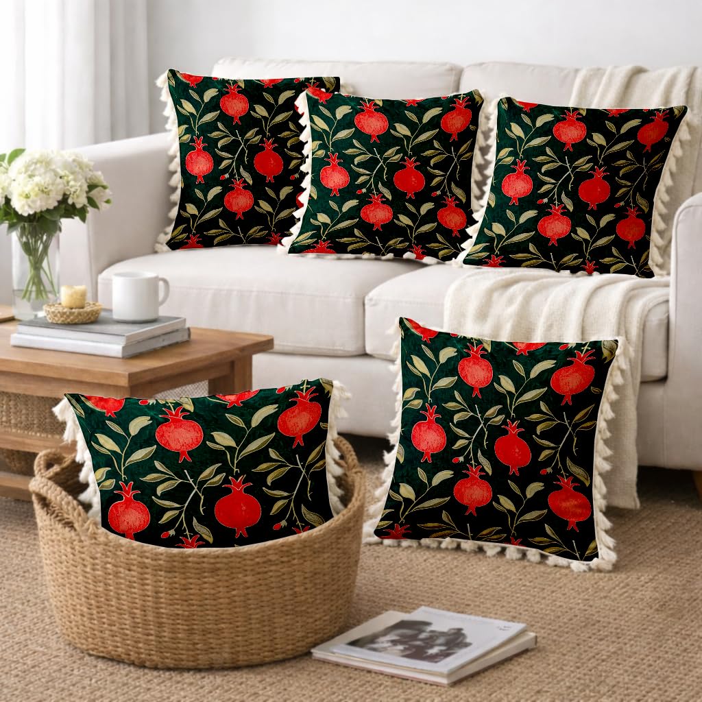 STITCHNEST 'Little Meadow Series' Tassled Cushion Cover | Set of 5 | Floral Cushion Cover 16 inch x 16 inch