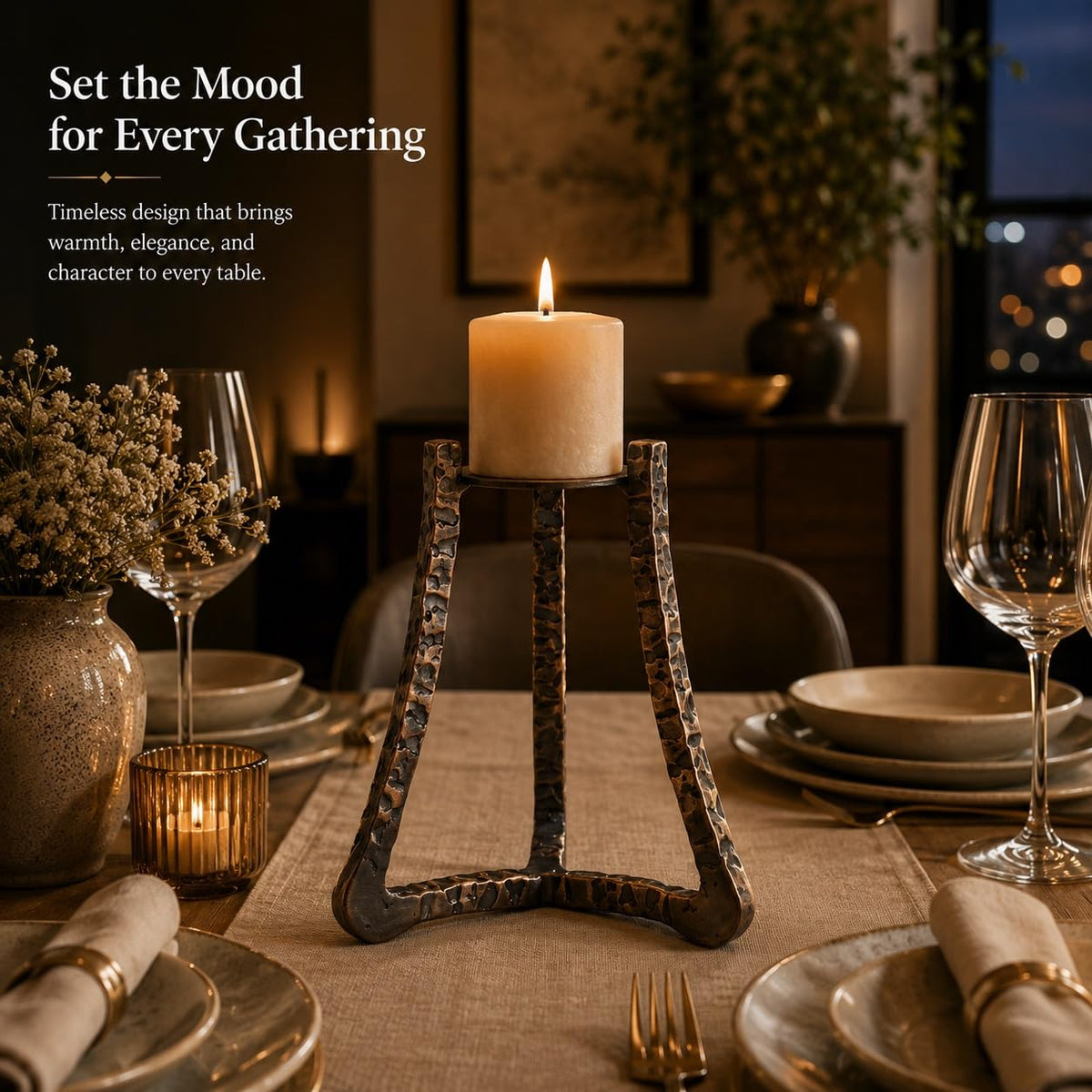 Helios Pyrr Tripods Candle Stand - Antique Copper | Luxury Metal Candle Holder Set for Home, Living Room & Gifts | Modern Decorative Centerpiece
