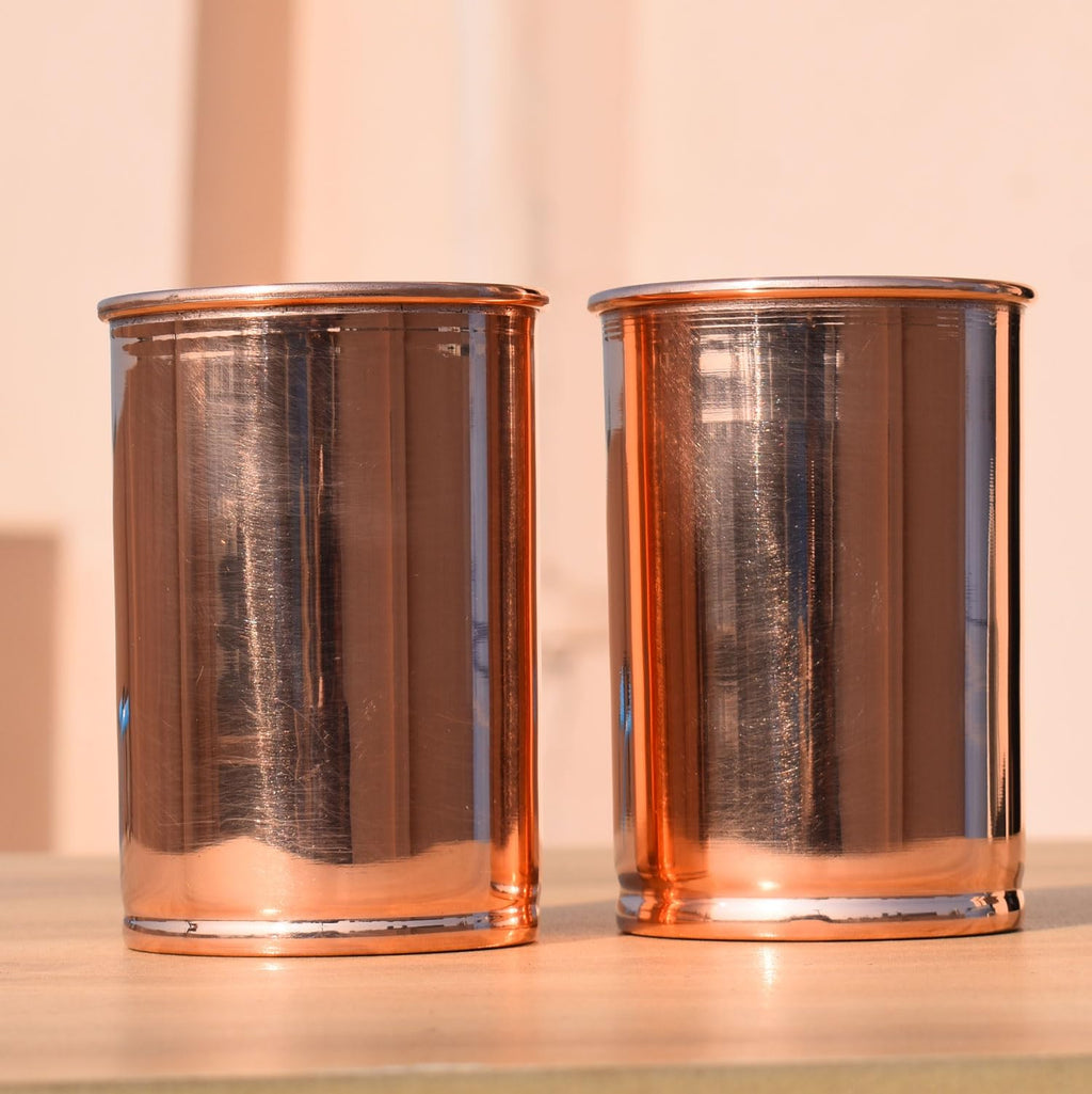 HEALTHANDWEALTH Pure Copper Tumbler Set of 2 Copper Glass Tumblers Leak Proof Seamless Plain Brown Glass Ayurvedic Use Travelling Purpose