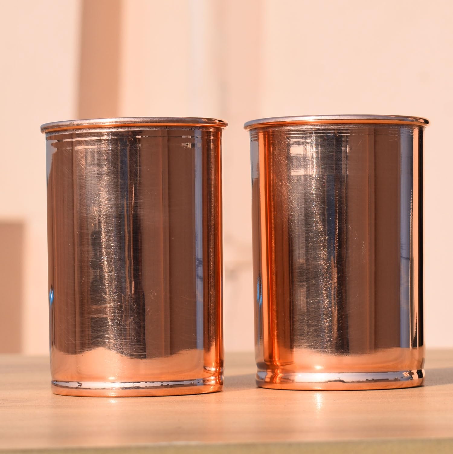 HEALTHANDWEALTH Pure Copper Tumbler Set of 2 Copper Glass Tumblers Leak Proof Seamless Plain Brown Glass Ayurvedic Use Travelling Purpose
