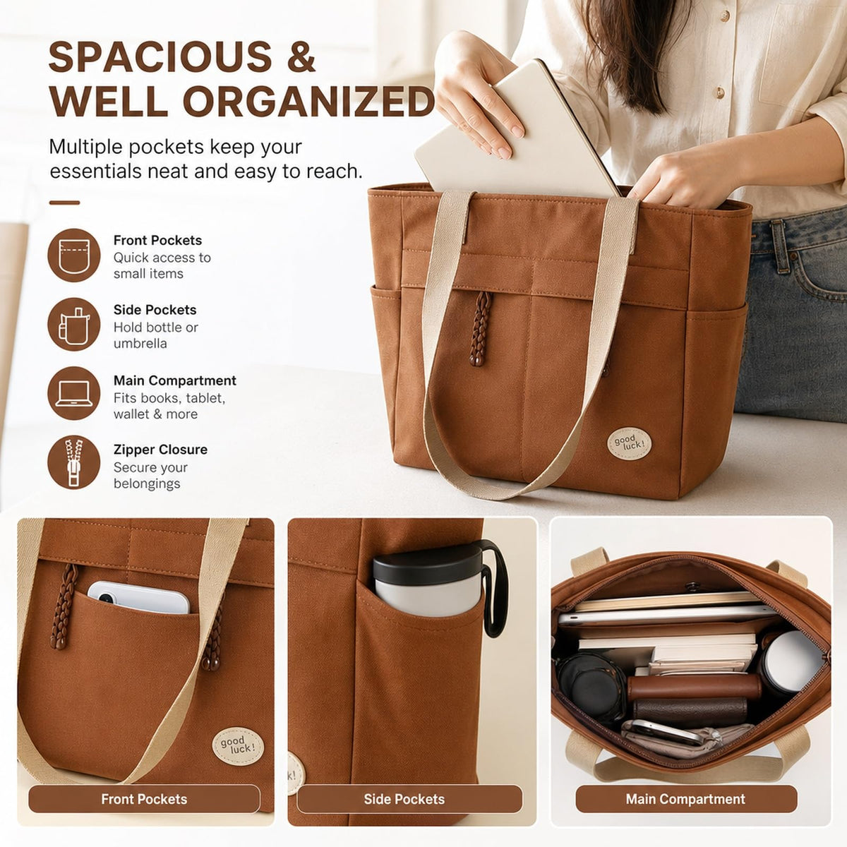 ELESUNCDOU Canvas Tote Bag for Women, College Office Tote Bag, Durable