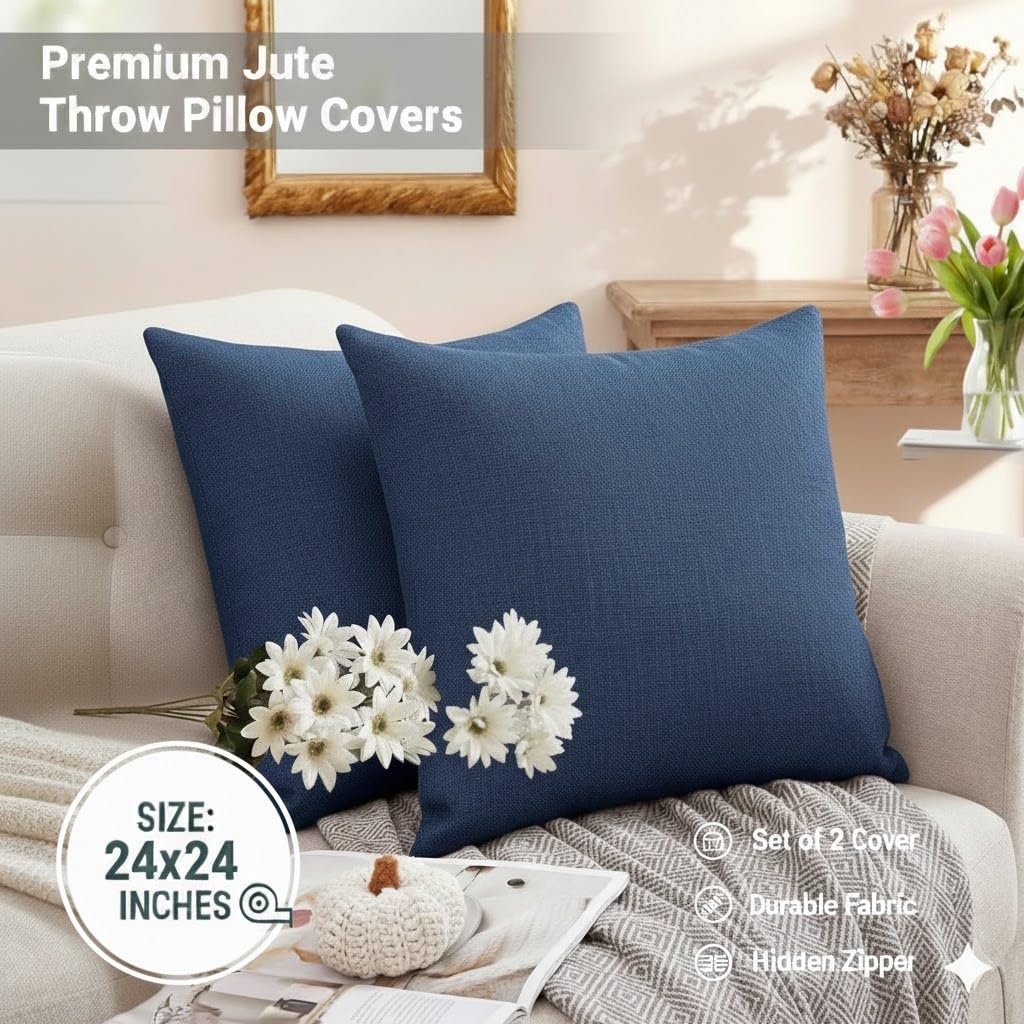 CASA-NEST Jute Cushion Cover 24x24 (Pack of 2) (Navy Blue) JUTEREV24