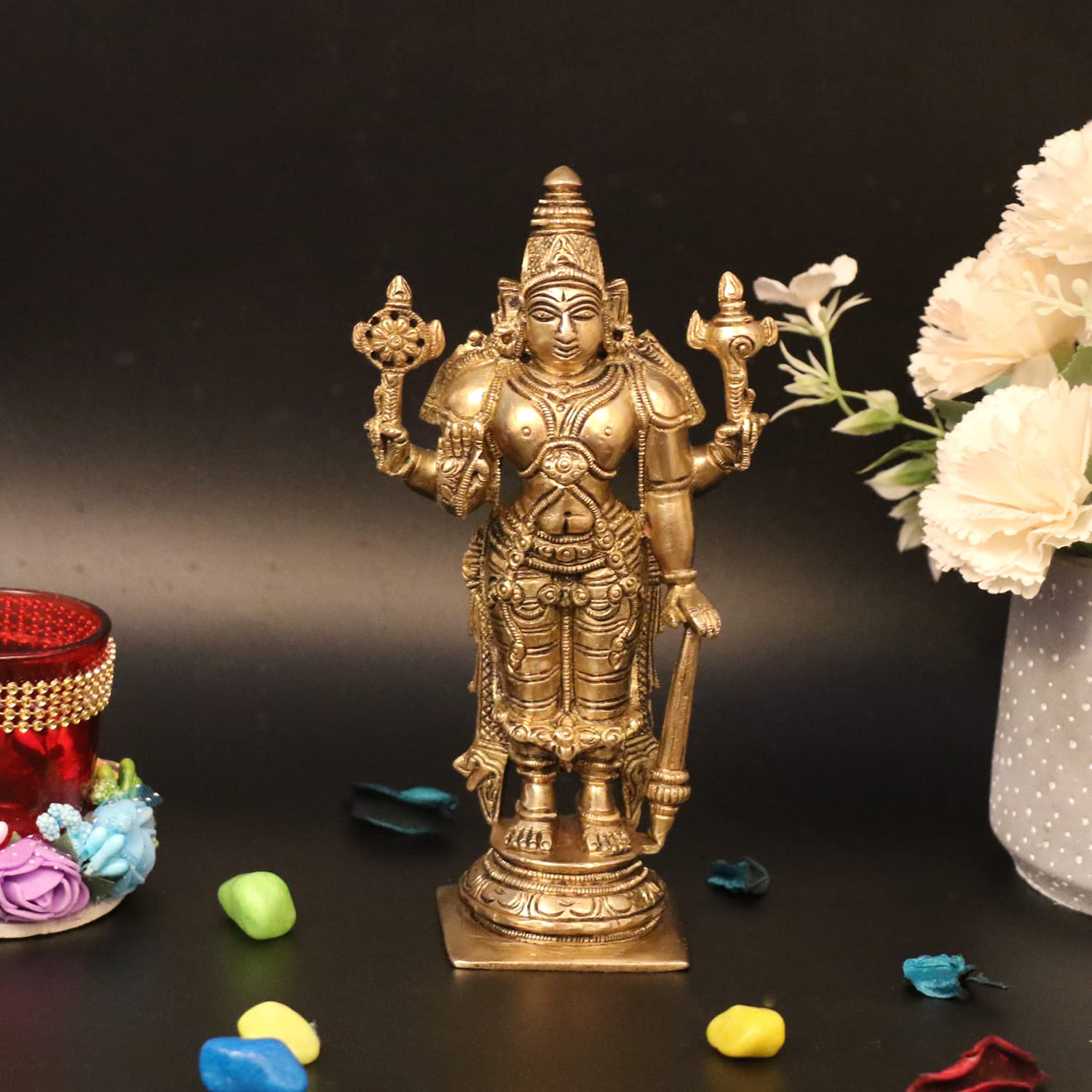 ARTVARKO Brass Lord Bhagwan Vishnu Narayana with Shankh Chakra Idol Statue for Home Décor Mandir Temple Puja Gift 7 Inch