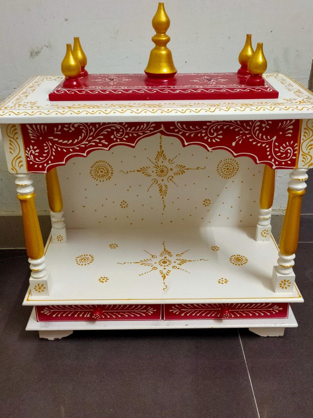 Wood To Cart Beautiful MDF Wooden Temple/Pooja Mandir for Home and Office/Wall Mounted Temple/Puja Stand(White Red - 18x9x22 inches)