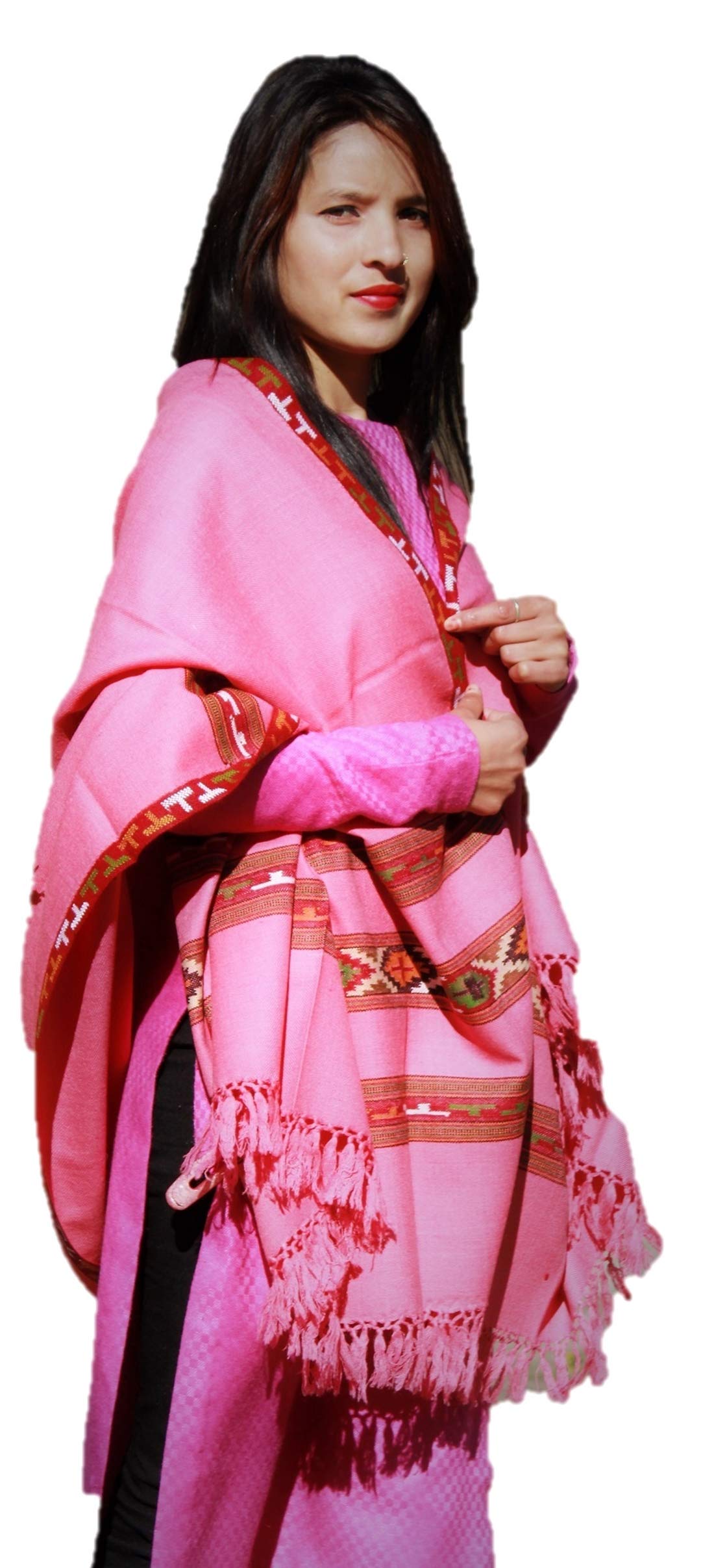 HImalayanKraft Hand Woven Kullu Handloom Pure Woolen Shawl Pink Colored with Beautiful Kullu Weaving Designed for Women and Girls.