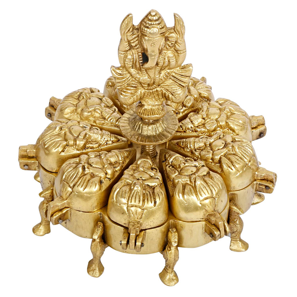 SVARUP Brass Nine Compartment Box Chopda Multiple Box for Vermillion Haldi Chandan Kumkum Sindoor with Ganesh Ganpati Murti Idol 6 Inch