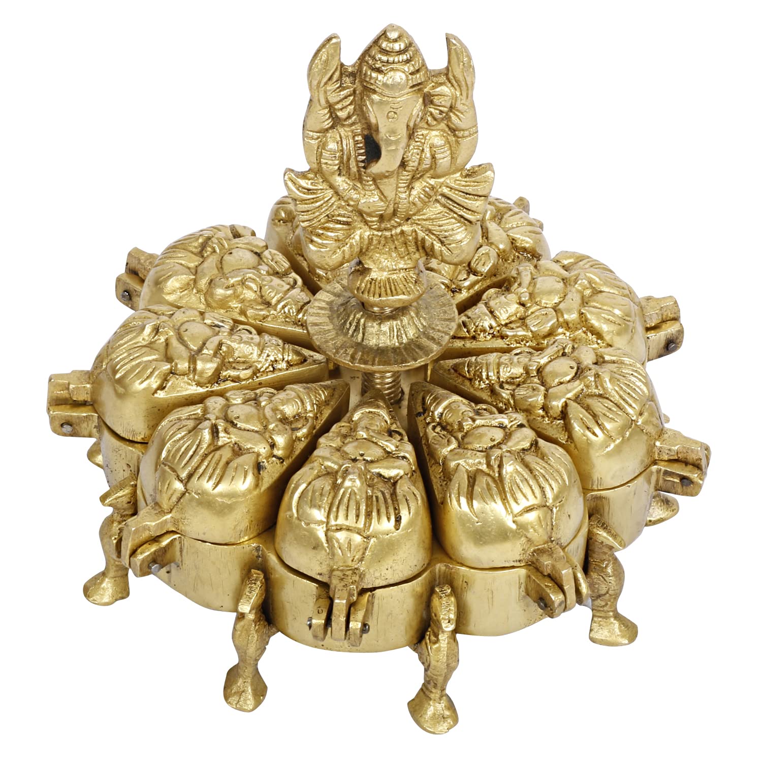 SVARUP Brass Nine Compartment Box Chopda Multiple Box for Vermillion Haldi Chandan Kumkum Sindoor with Ganesh Ganpati Murti Idol 6 Inch