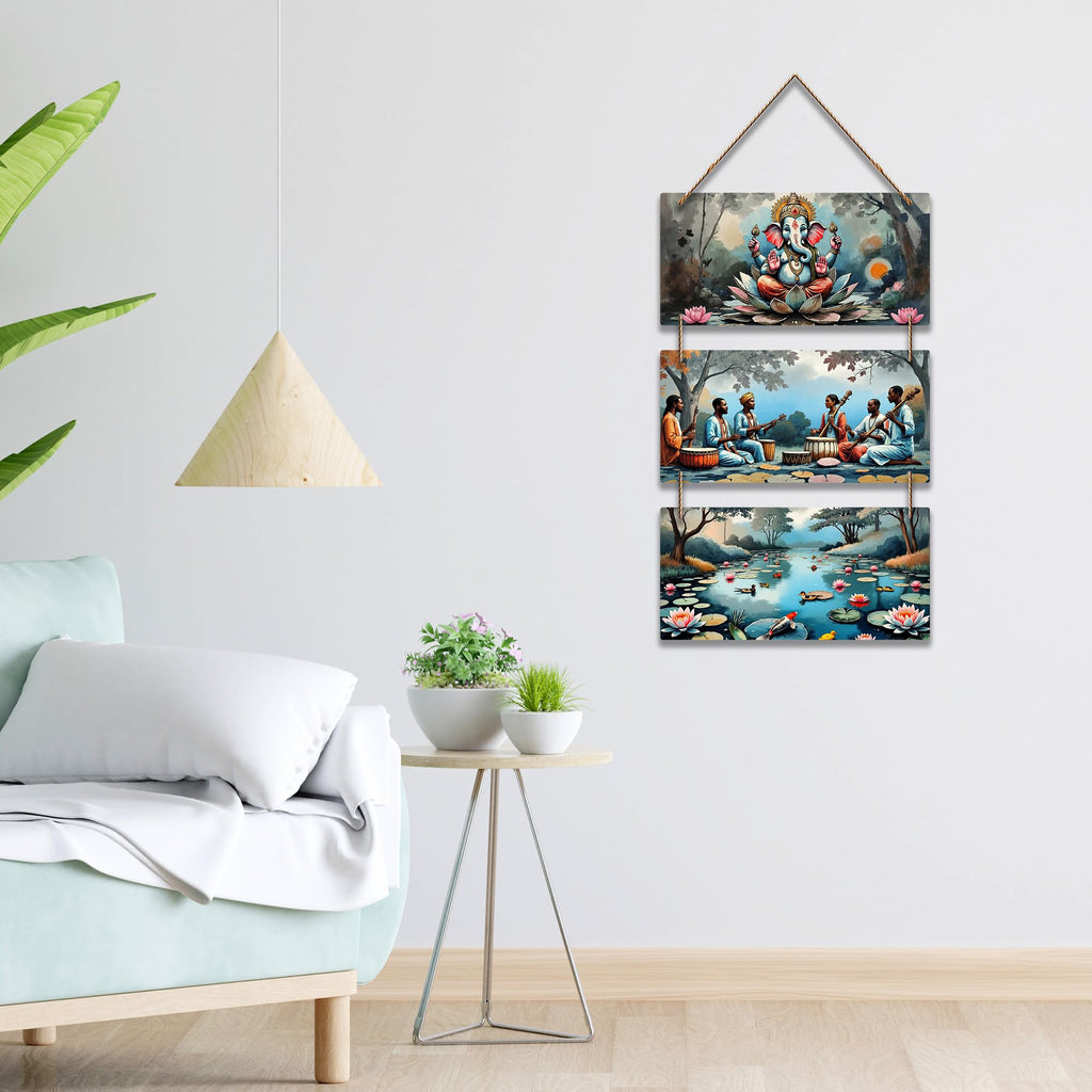 Artvibes Lord Ganesha Sitting On Sacred Lotus Auspicious Wooden Art Work Wall Hanging | Spiritual Decor Items | Vastu Paintings | Wall Poster| Stylish Modern Decor Item | Ideal Gifts (WH_9416N)