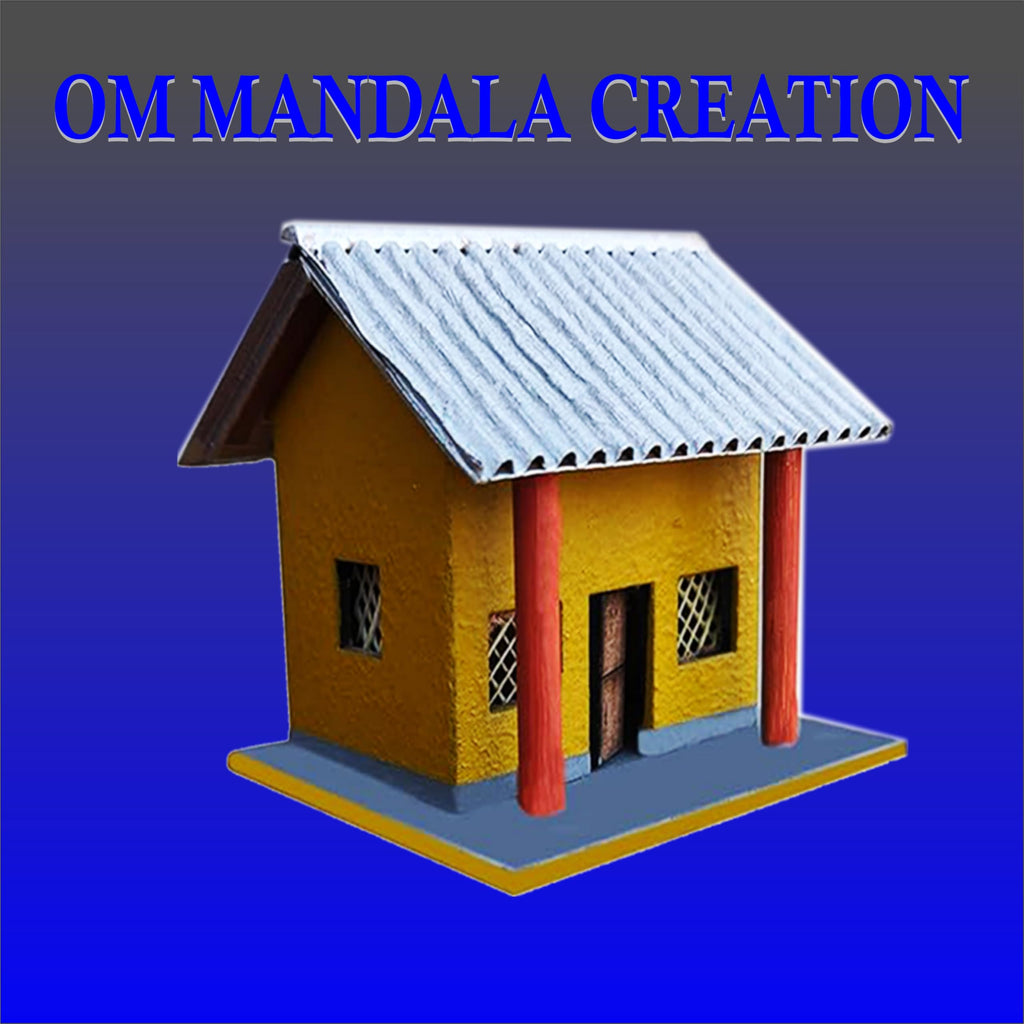 Om Mandala Creation Miniature Village Hut Model with LED Light, 75mm Height, Yellow Acrylic Paint, Corrugated Silver Roof