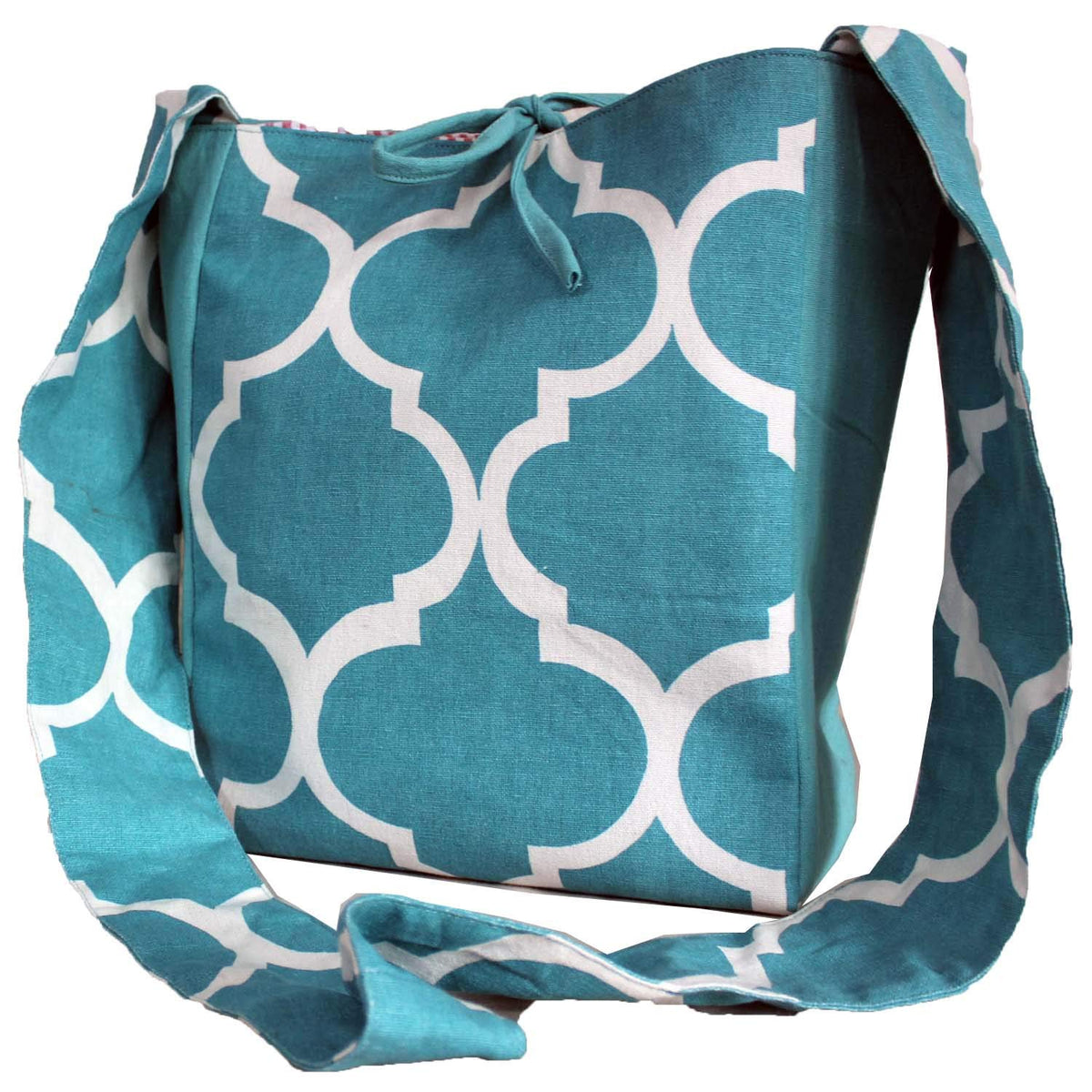 Dekor World 1 Piece Cotton Aqua Ogee Printed Jhola Bag (Aqua; 28x35x12 cm or 11x15x4 Inches; Pack of 1 Piece) for Girl, Boy, Men and Women