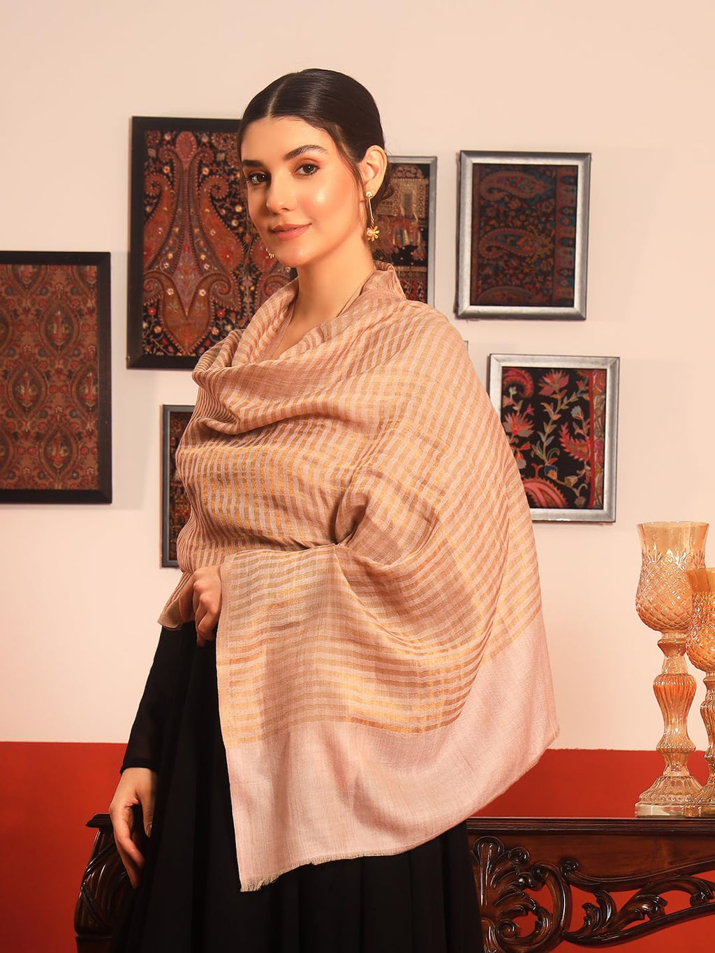 Pashmoda Women Golden Eclipse Reversible Zari Moonlight Fine Wool Stole (Size : 28x80in, 71X203cm) ZSST03