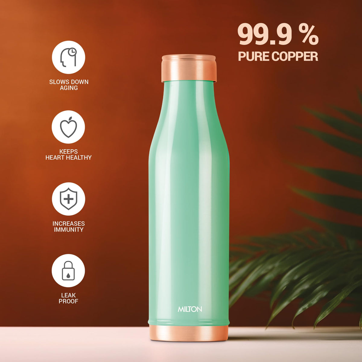 MILTON Copper Charge Water Bottle, 930 ml, Green | Lacquer Coating, Curved Bottle | Diwali | Festive | Gifting | Yoga | Home | Kitchen | Vedic