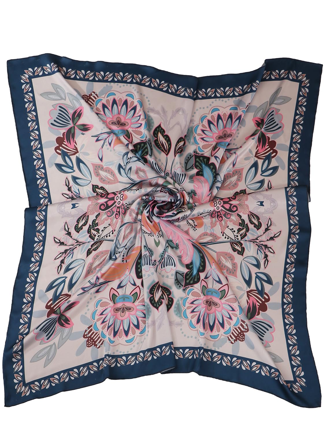 leeza store Women's Silk Scarf For Women – Soft Cream Digital Printed Floral Folk Art, 40X40 Stylish Stole & Headscarf