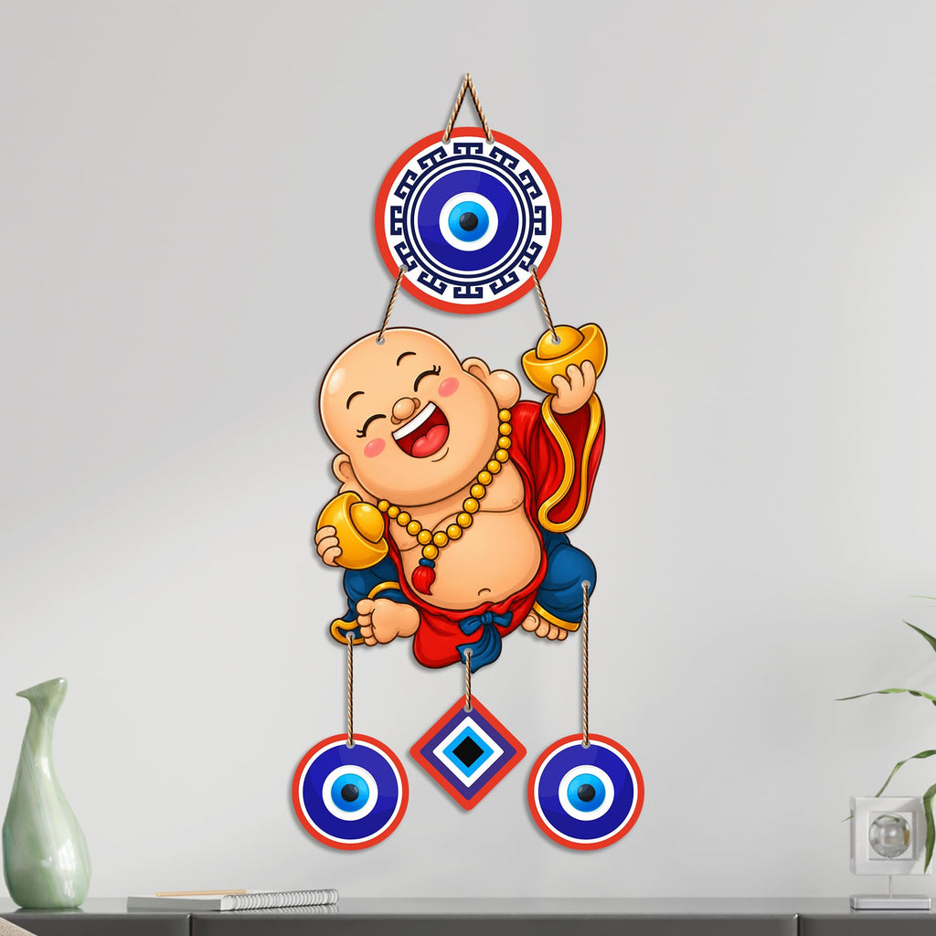 Artvibes Happy Buddha with Gold Ingot Evil Eye Wall Hanging | Wealth Attraction Prosperity Decor | Lucky Nazar Battu Ornament for Home Entrance | Living Room | Office | Gift Item (WH_85144N)