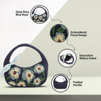 Boho Indigo Blossom Tote Bag – Navy Blue Floral Shoulder Bag for Women with Embroidered Flowers, Padded Handle & Ribbon Detail – Ideal for Travel, Brunch & Casual Outfits